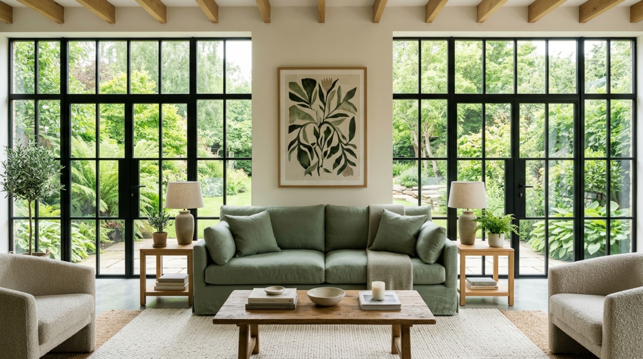 Architectural sightlines through a modern home focusing on a centered sage green sectional and outdoor garden views.
