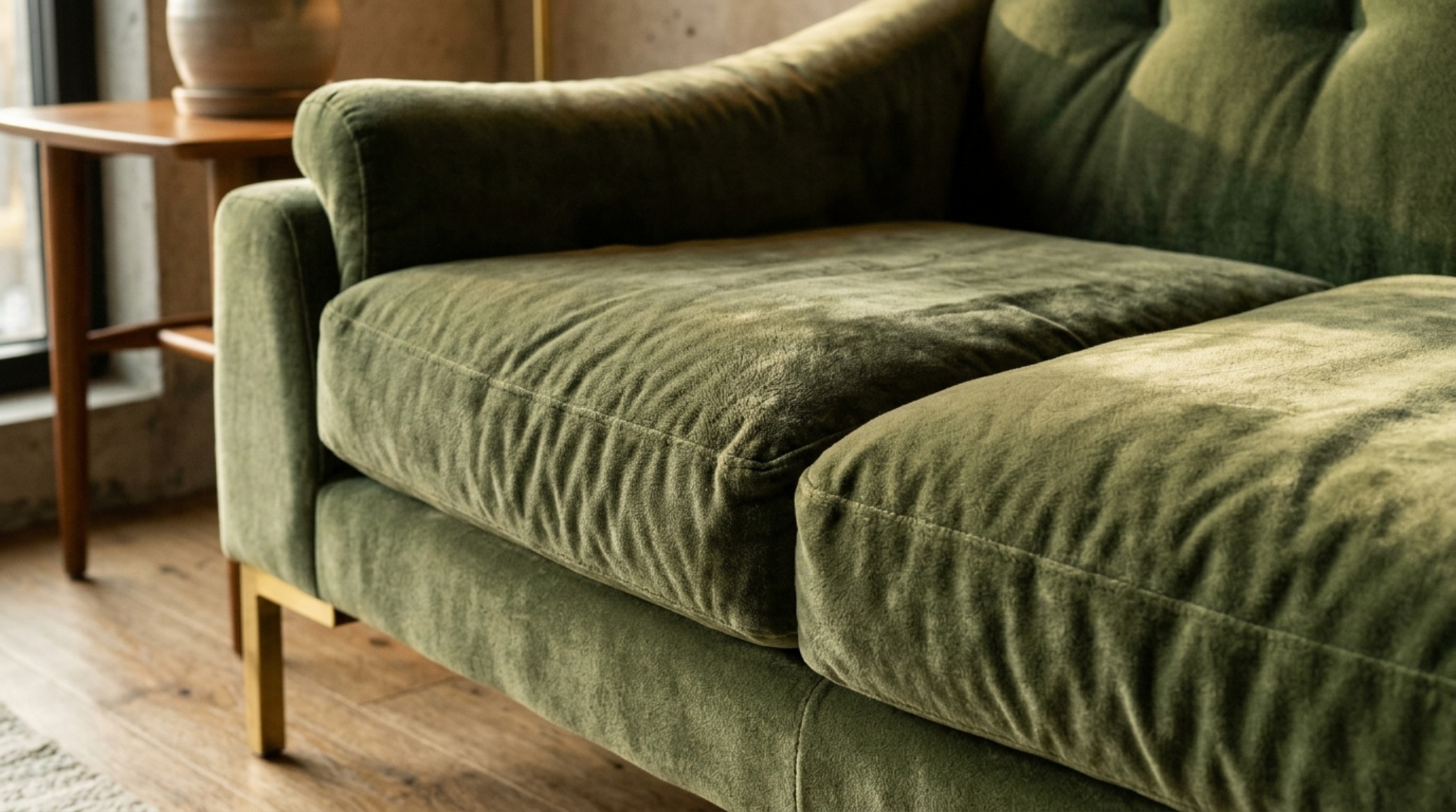 A close-up of green velvet sofa decor with soft shadow play and high-quality fabric texture against a limewash wall.