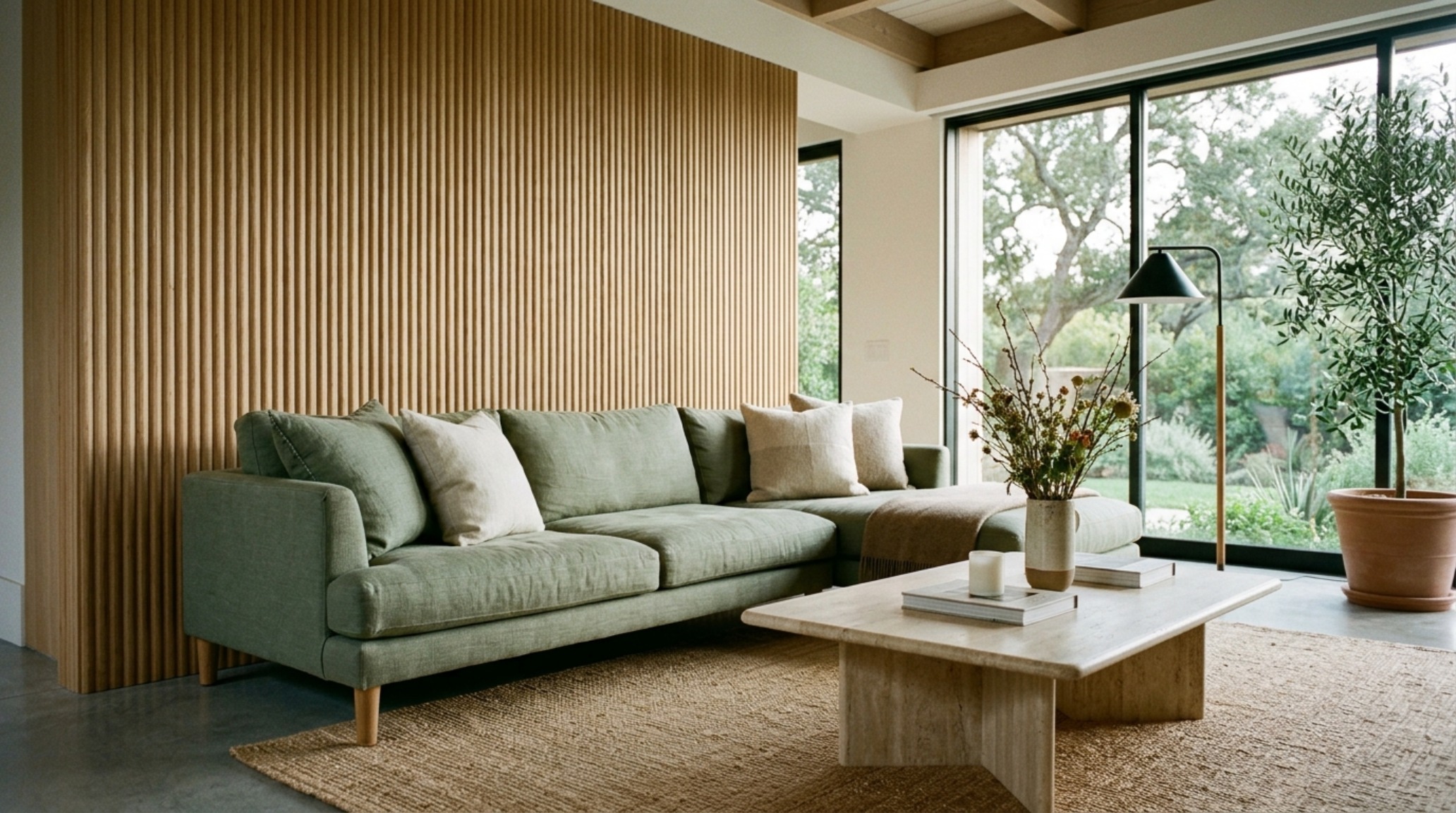 Organic modern living room with green couch, fluted oak panels, and a honed travertine coffee table in natural sunlight.