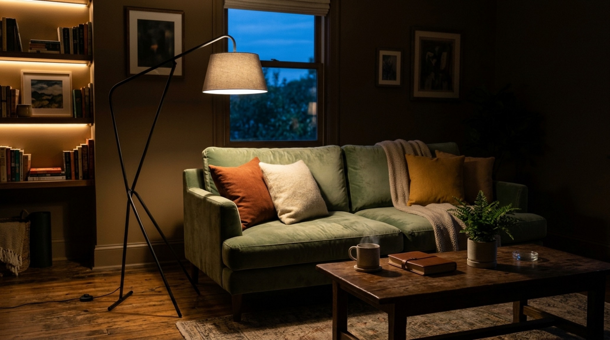 Professional lighting setup in a sage green living room using 2700K warm ambient fixtures and high CRI directional spots.