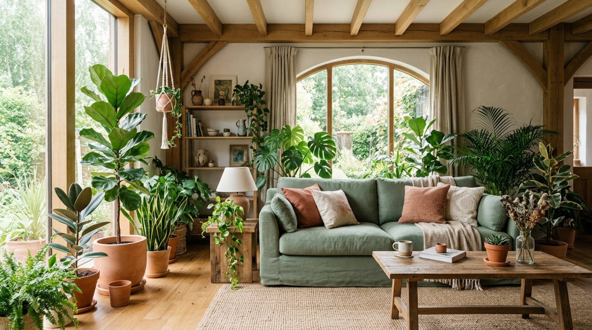 Biophilic interior design with earthy neutrals, a green velvet sofa, and large indoor olive trees in terracotta pots.