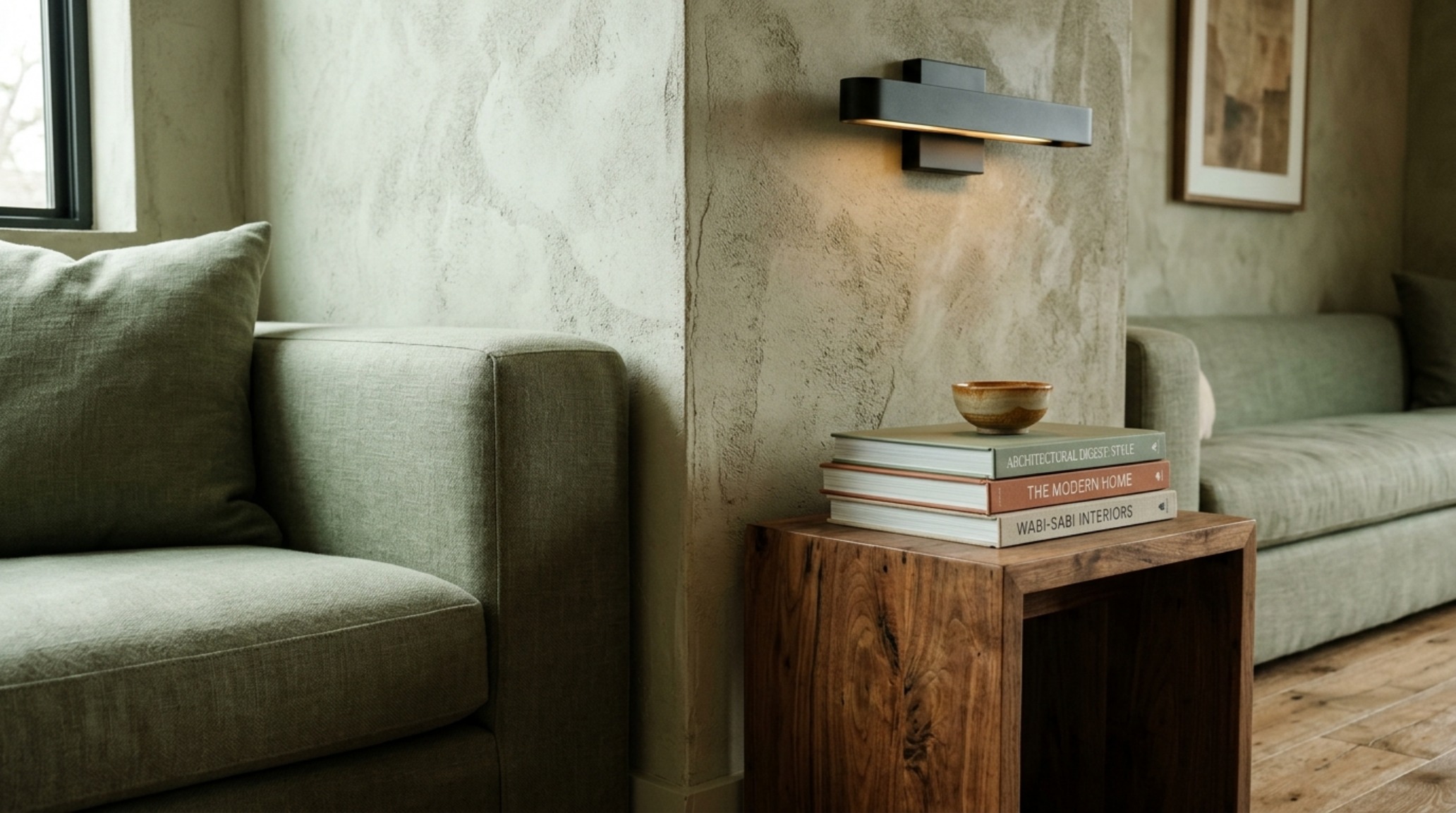 Detail shot of a Farrow and Ball French Gray accent wall behind a curated bookshelf and a sage green armchair.