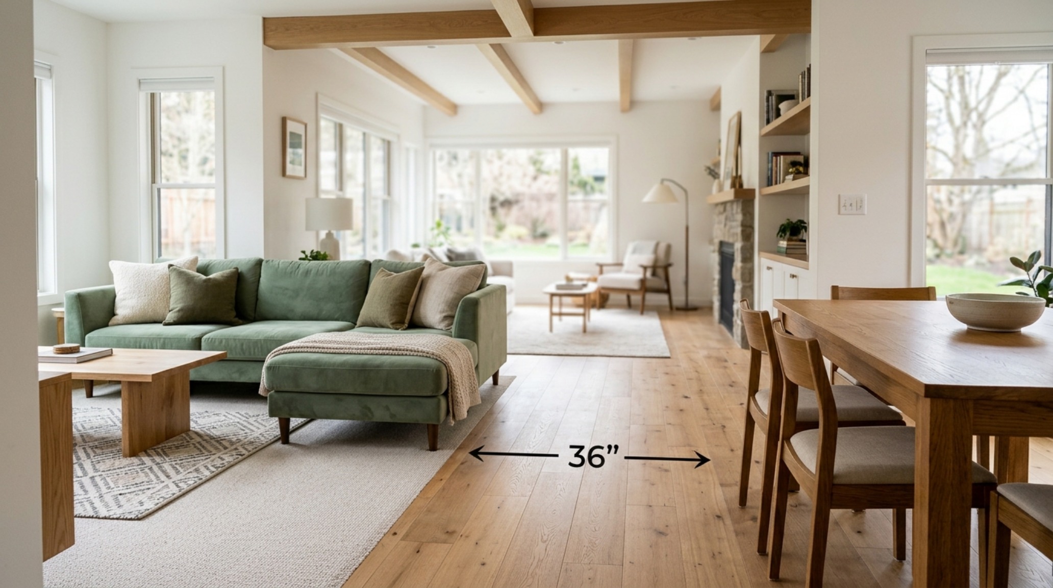 Modern spatial flow in a living room with a green sofa acting as a zone divider between the lounge and dining areas.