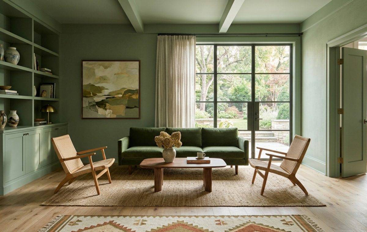 A sophisticated color-drenched living room with Benjamin Moore October Mist sage walls and ceiling, showcasing 36-inch walkways and architectural depth.