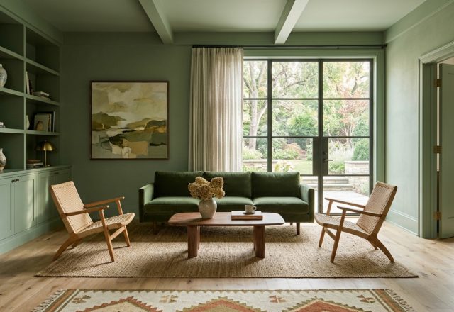 A sophisticated color-drenched living room with Benjamin Moore October Mist sage walls and ceiling, showcasing 36-inch walkways and architectural depth.