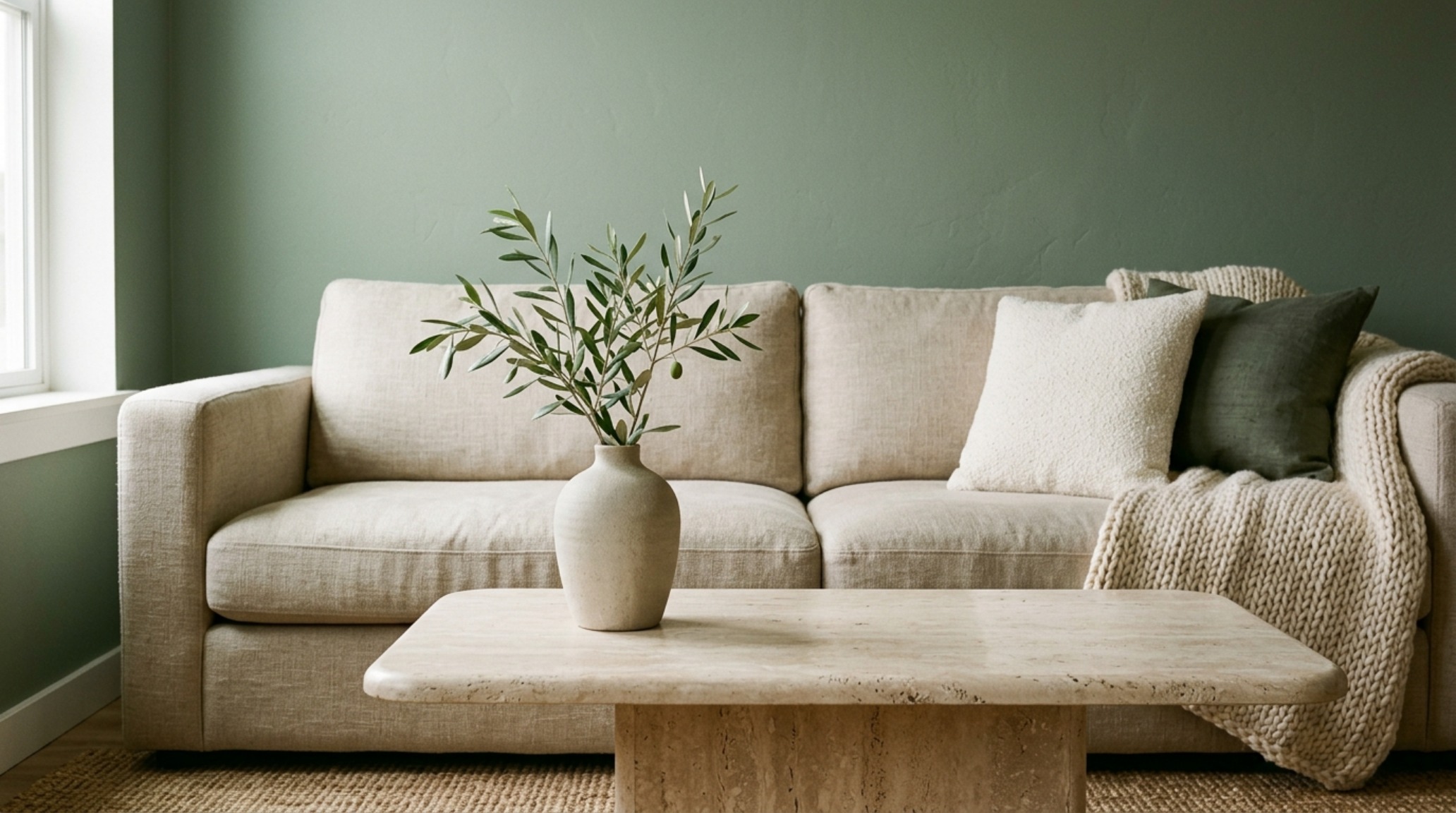Editorial shot of an organic modern living room featuring a sage green wall with a beige linen sofa, highlighted by natural sunlight on honed travertine.