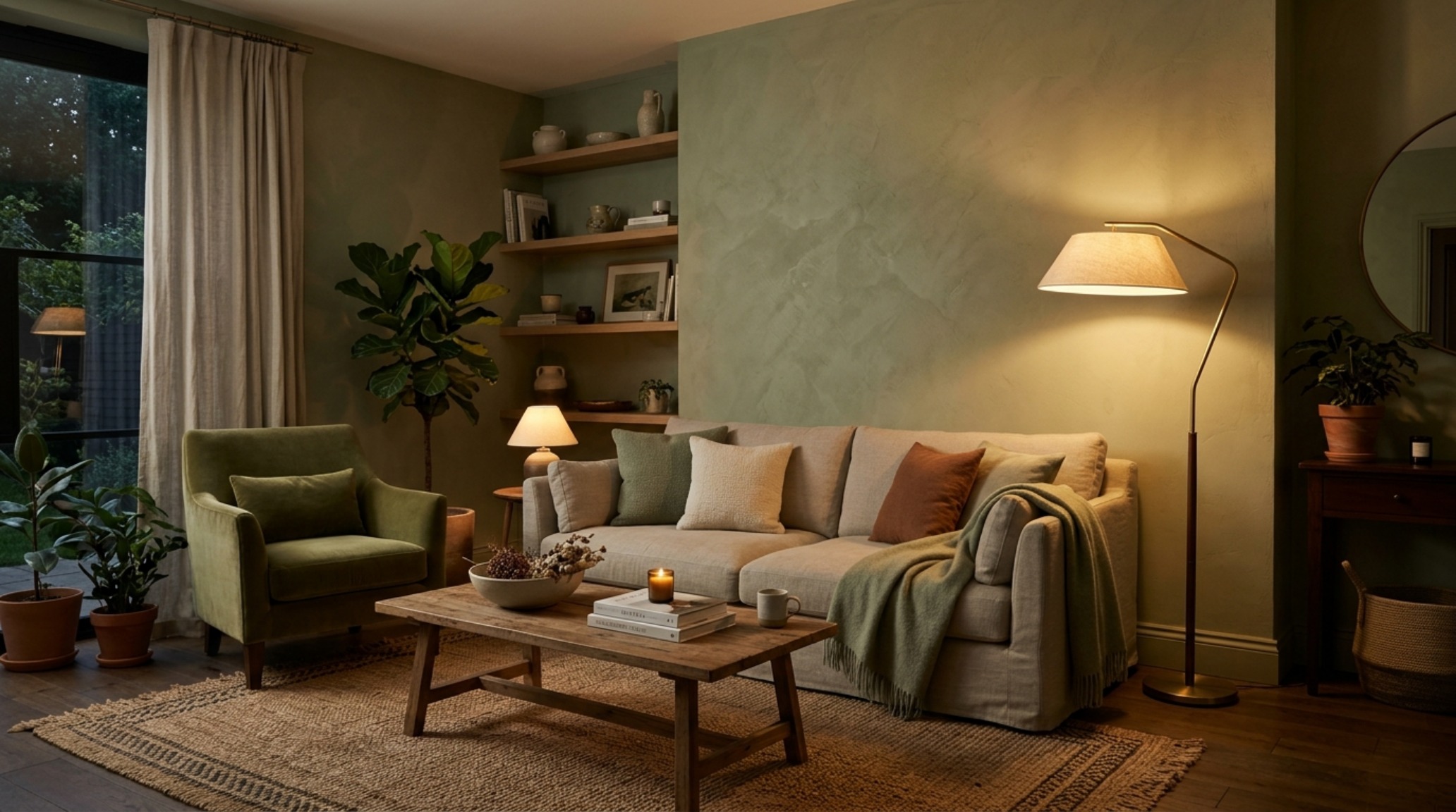Mood lighting in an earthy neutral green living room with 2700K warm ambient glow emphasizing the texture of limewash sage paint.