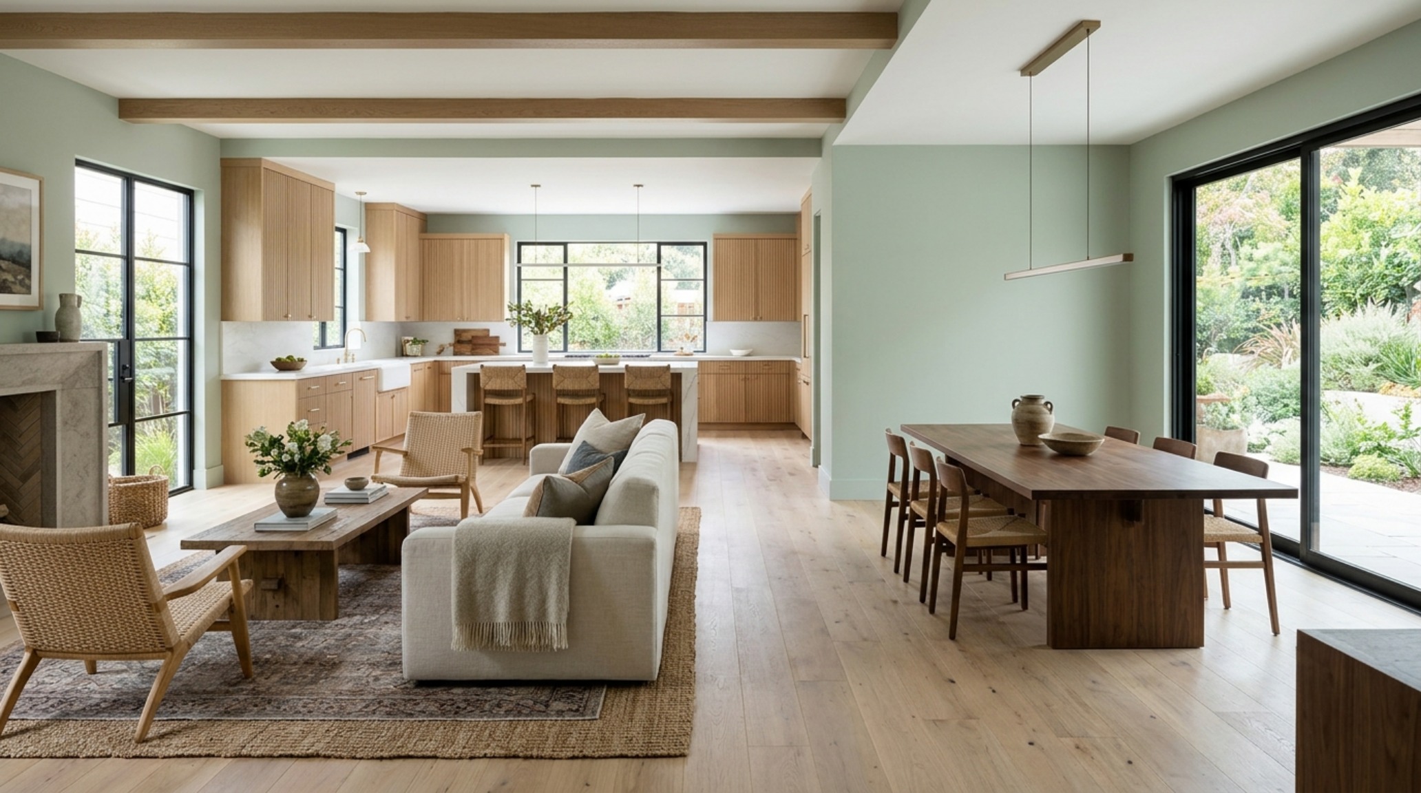 Open-concept floor plan utilizing sage green living room ideas to define space, with a 30-inch dining chair clearance and fluted oak accents.
