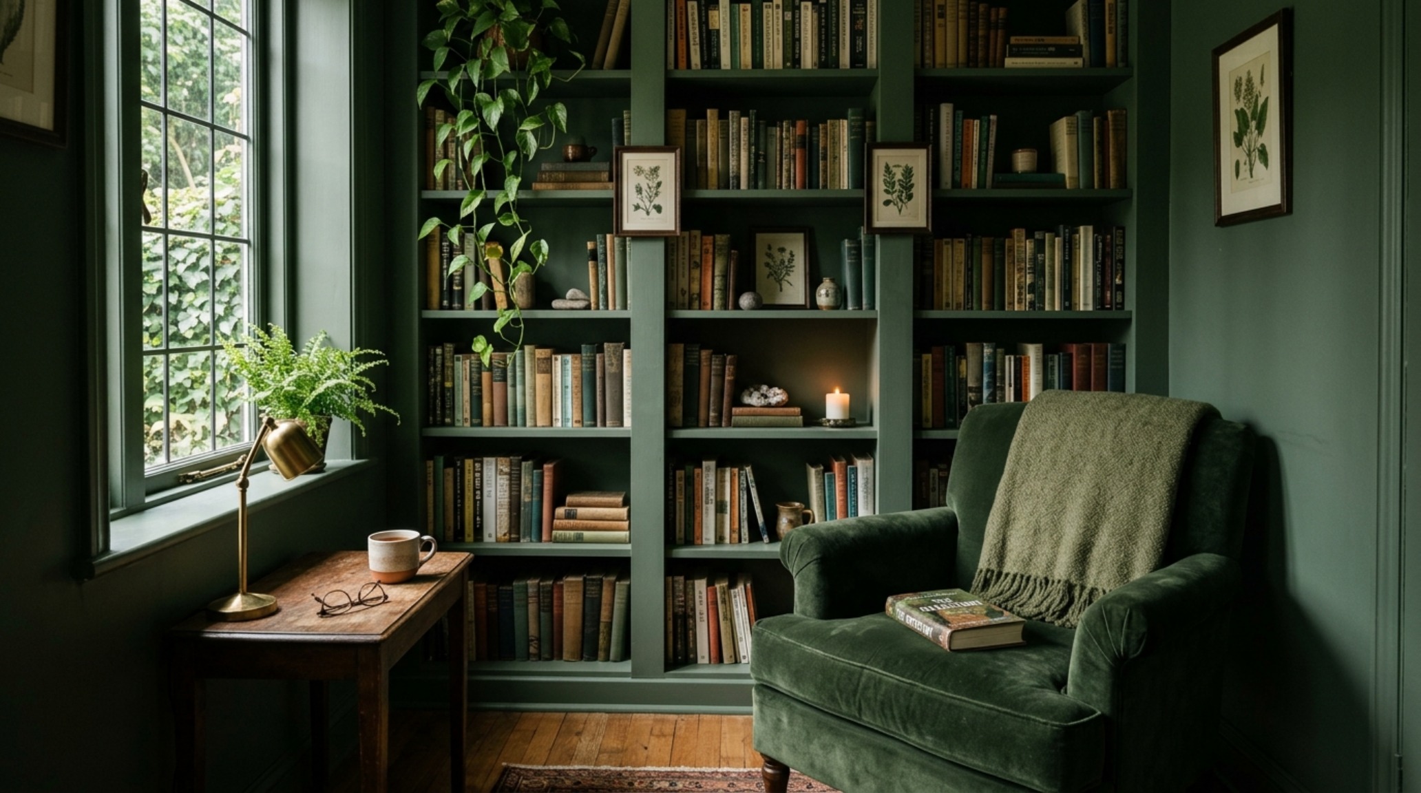High-end architectural photography of a library nook drenched in Farrow & Ball French Gray, illustrating the biophilic interior design connection to the garden.