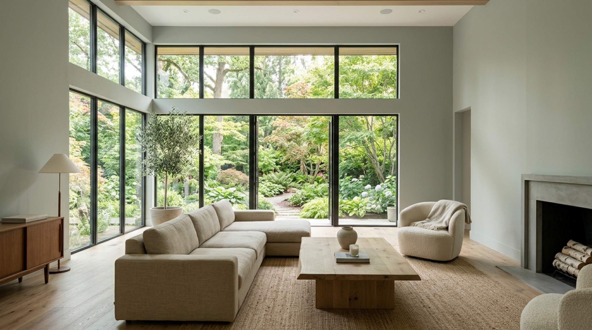 A bright, airy living space with organic modern living room paint colors, featuring wide-plank white oak floors and sage-drenched window mullions.