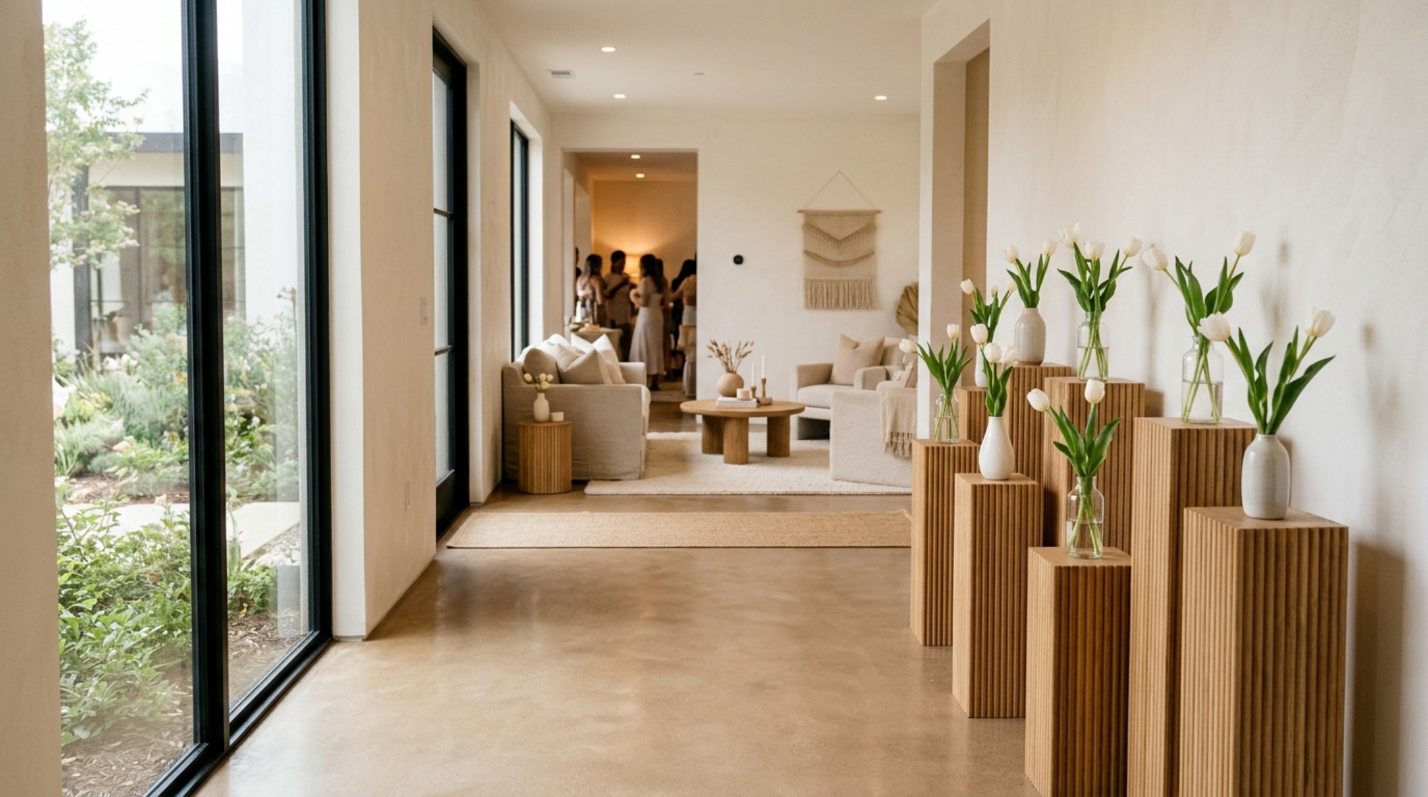 A wide-angle architectural shot of a bridal shower entryway featuring fluted white oak plinths and a clear 36-inch walkway path leading to a sun-drenched lounge. A wide-angle architectural shot of a bridal shower entryway featuring fluted white oak plinths and a clear 36-inch walkway path leading to a sun-drenched lounge.