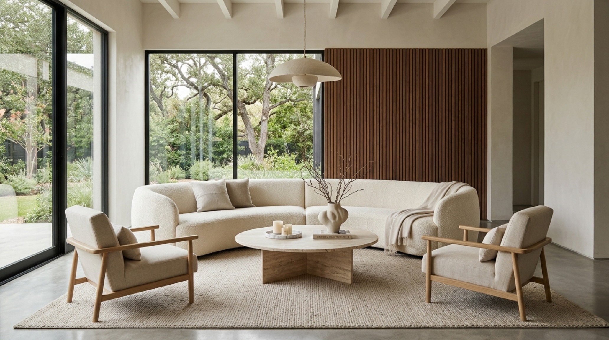 A top-down view of a radial seating arrangement for a bridal shower using low-profile linen armchairs and a central honed travertine coffee table for optimal flow. A top-down view of a radial seating arrangement for a bridal shower using low-profile linen armchairs and a central honed travertine coffee table for optimal flow.