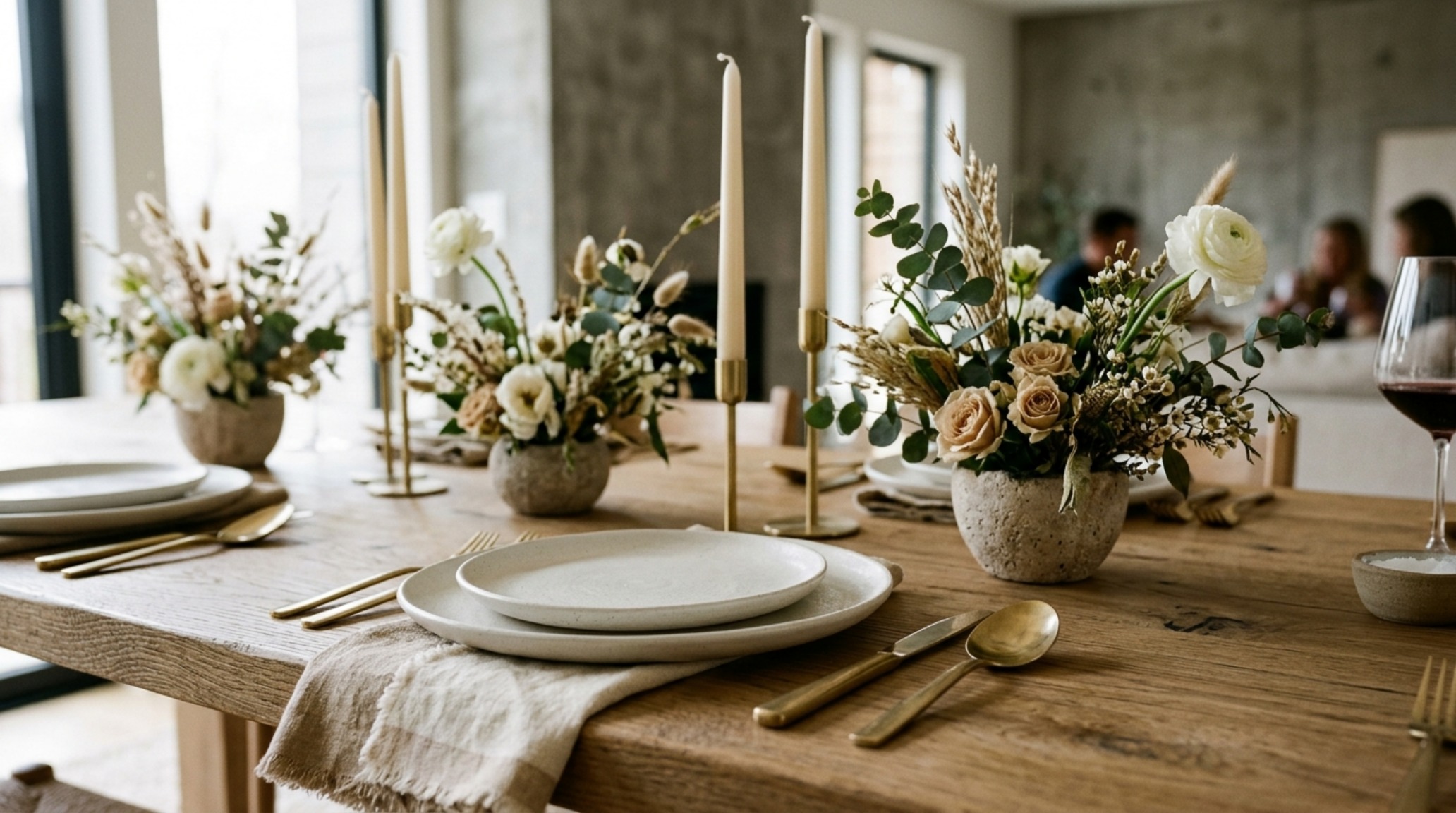 Detail shot of an architectural tablescape for a bridal shower with height-varying taper candles, matte ceramic plates, and organic linen textiles under warm lighting. Detail shot of an architectural tablescape for a bridal shower with height-varying taper candles, matte ceramic plates, and organic linen textiles under warm lighting.