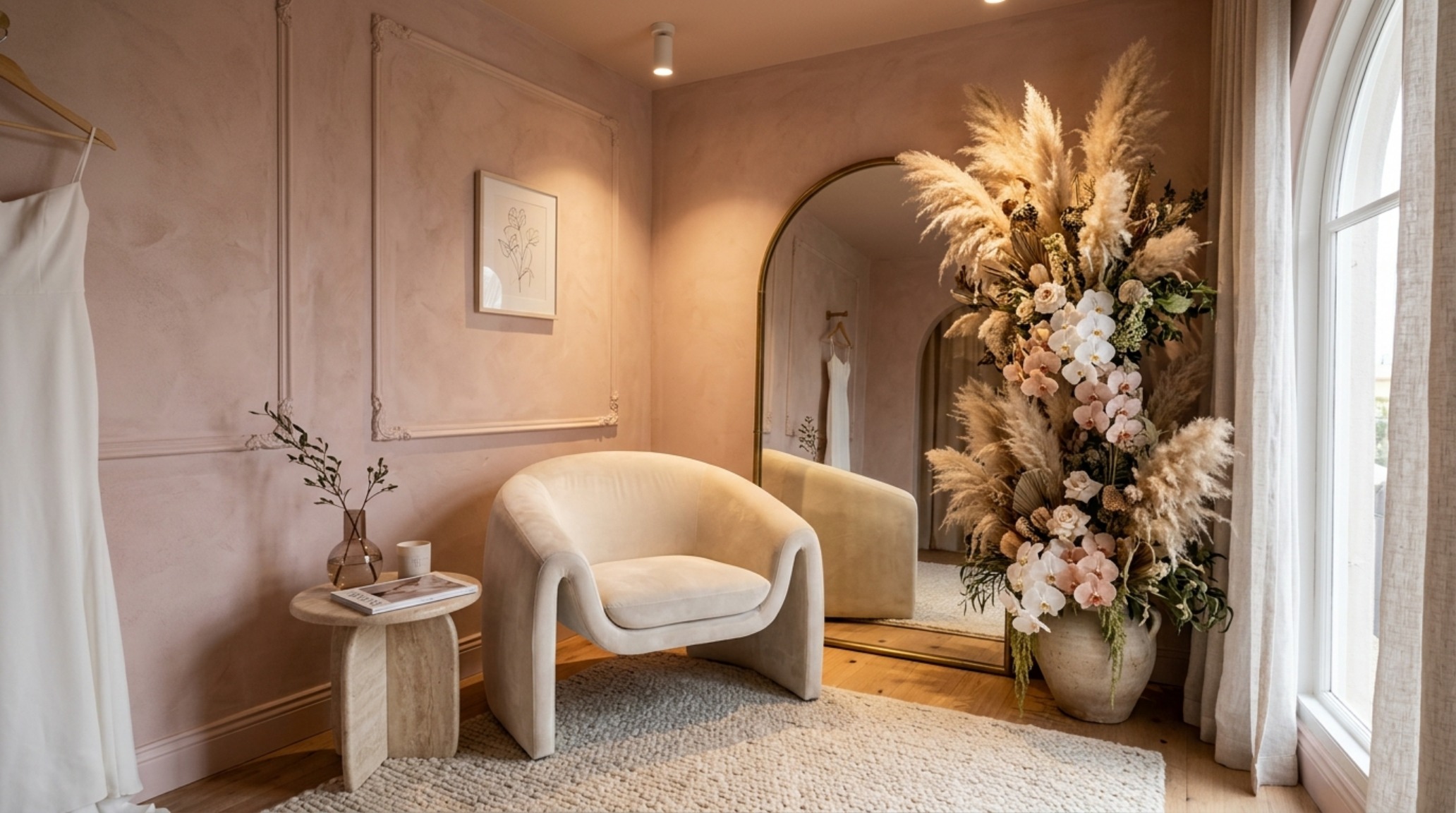 A serene 'bridal sanctuary' corner featuring limewash walls in Farrow & Ball Setting Plaster, soft 2700K ambient lighting, and high-CRI floral spotlights. A serene 'bridal sanctuary' corner featuring limewash walls in Farrow & Ball Setting Plaster, soft 2700K ambient lighting, and high-CRI floral spotlights.