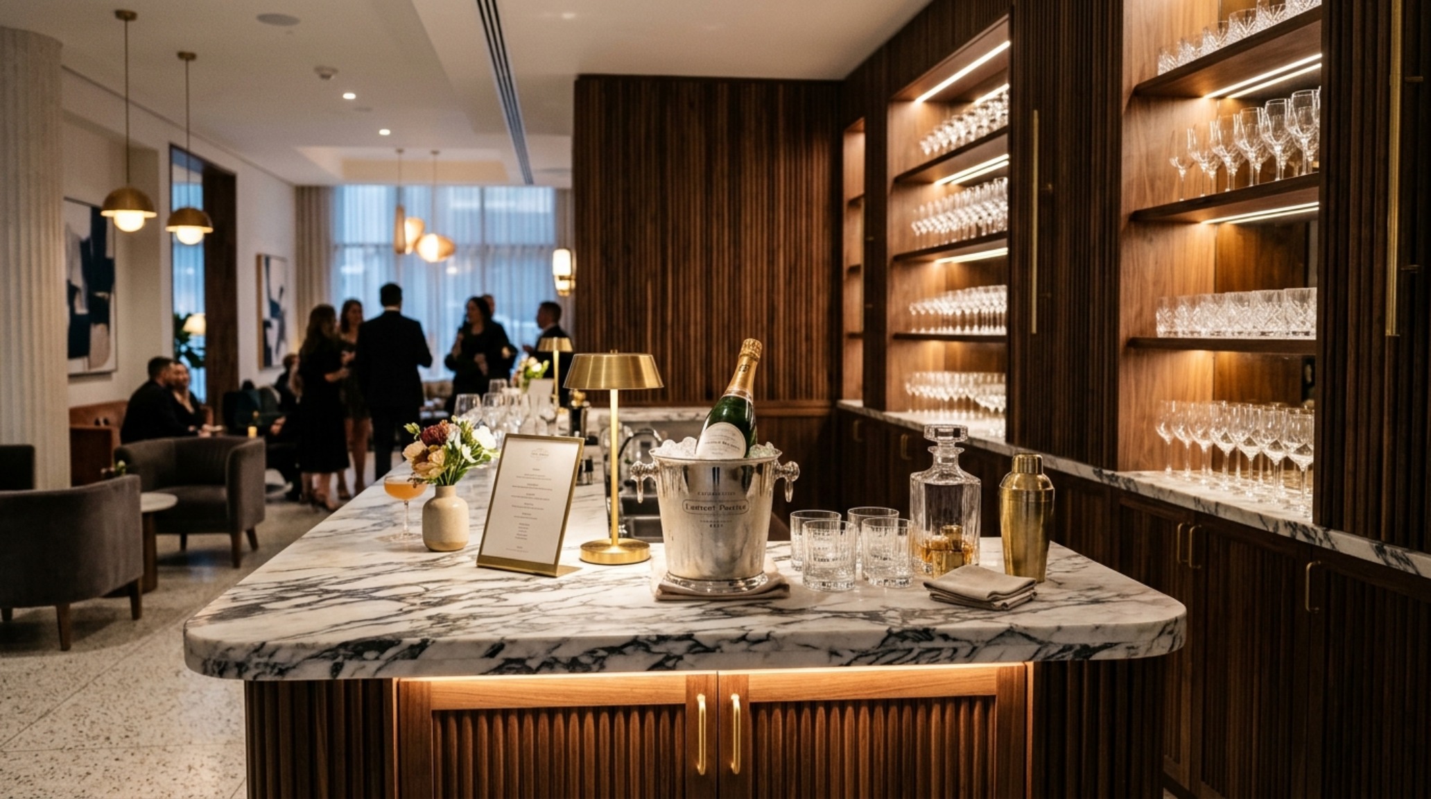 A minimalist beverage station with a honed marble countertop and brushed brass fixtures, showcasing architectural zoning and clean sightlines in a bridal shower setting. A minimalist beverage station with a honed marble countertop and brushed brass fixtures, showcasing architectural zoning and clean sightlines in a bridal shower setting.