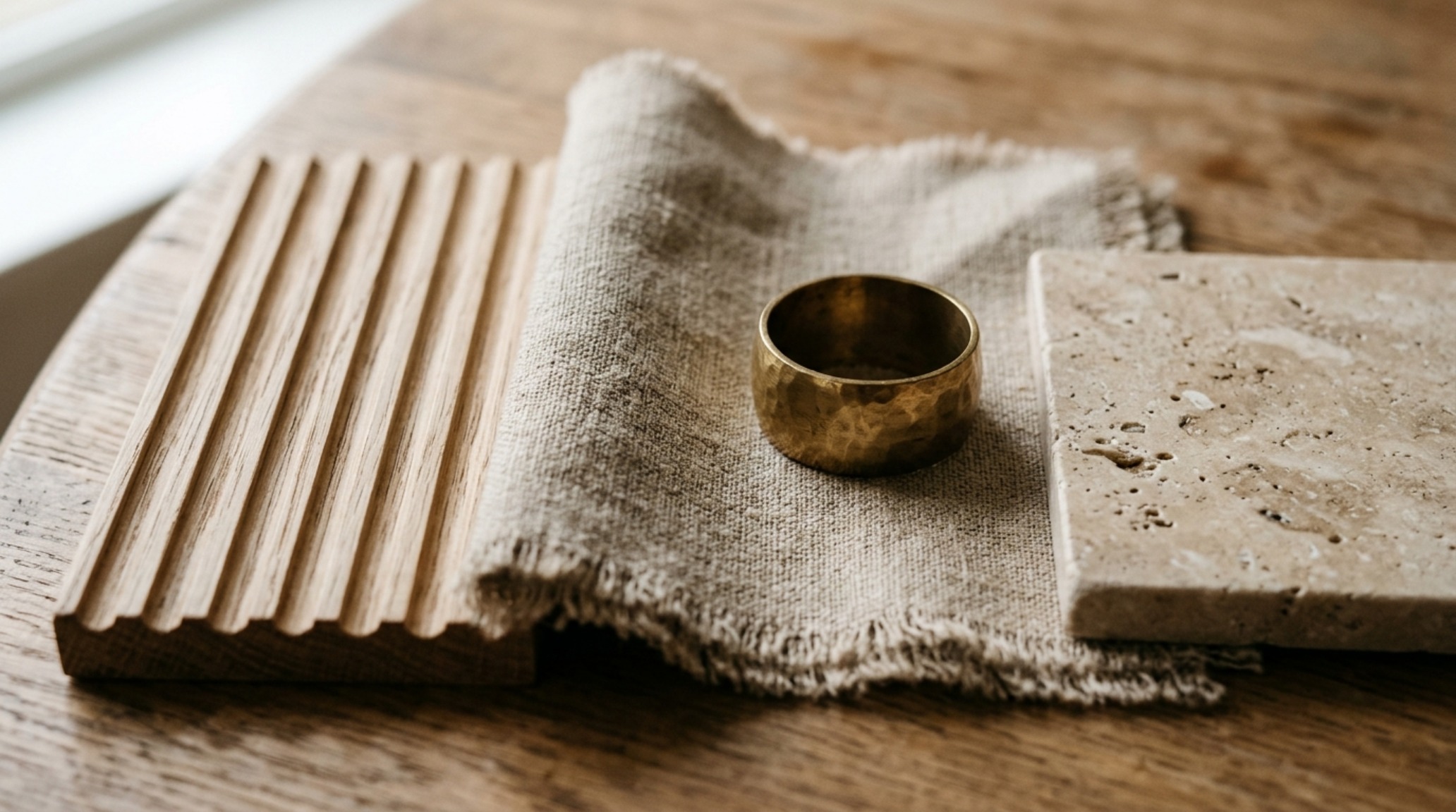 Close-up of tactile materials including raw silk ribbons, fluted wood textures, and heavy Belgian linen napkins, emphasizing the materiality of quiet luxury bridal shower aesthetics. Close-up of tactile materials including raw silk ribbons, fluted wood textures, and heavy Belgian linen napkins, emphasizing the materiality of quiet luxury bridal shower aesthetics.