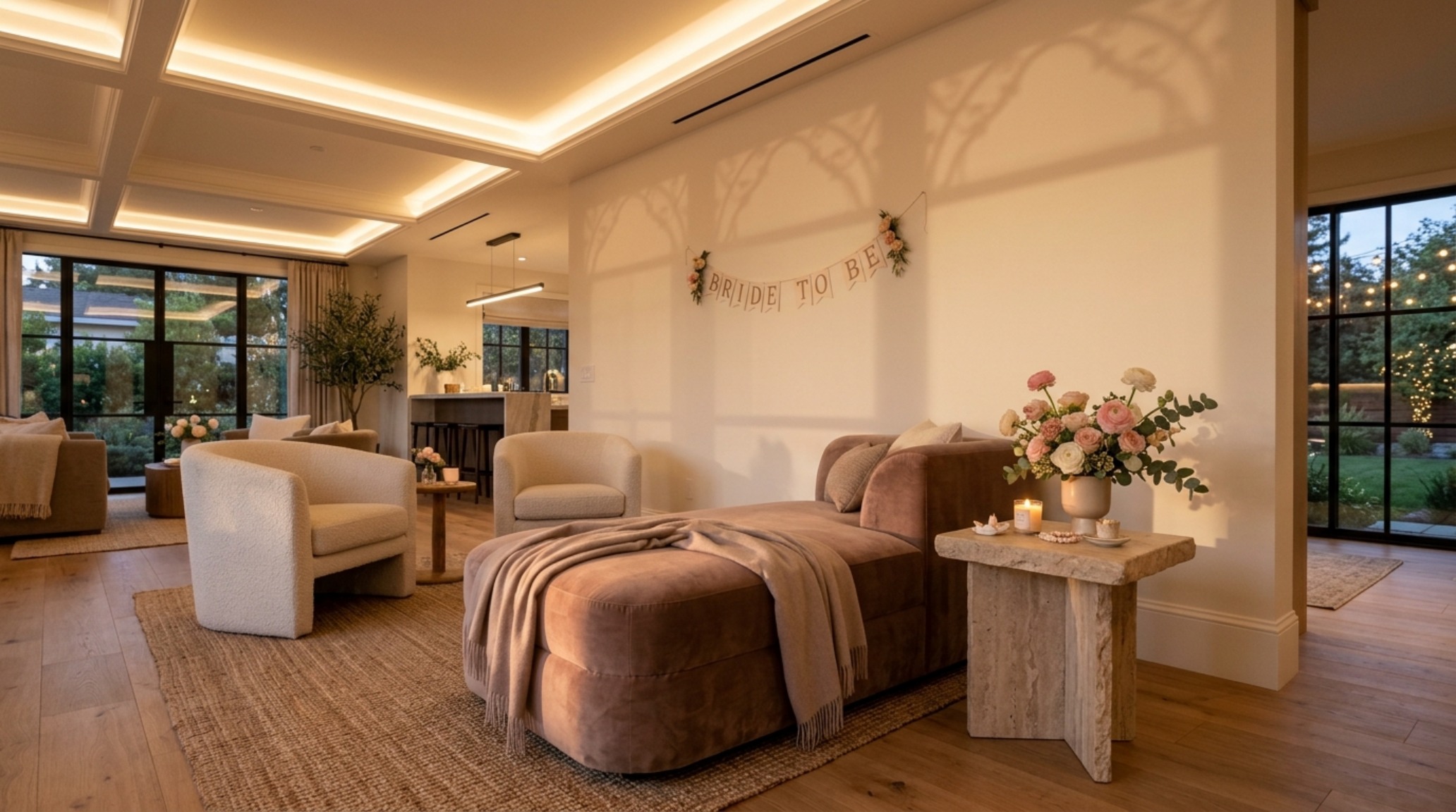 An evening view of a bridal shower lounge area showcasing the 'shadow play' created by tiered lighting and 90+ CRI bulbs on warm alabaster walls. An evening view of a bridal shower lounge area showcasing the 'shadow play' created by tiered lighting and 90+ CRI bulbs on warm alabaster walls.
