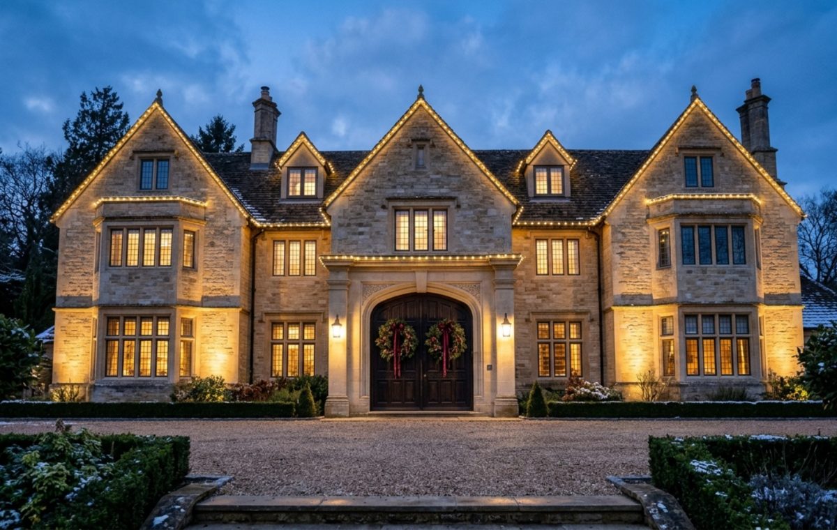 outdoor holiday house photography of a symmetrical limestone manor with warm LED lighting along the roofline and dual cypress wreaths on the entry doors