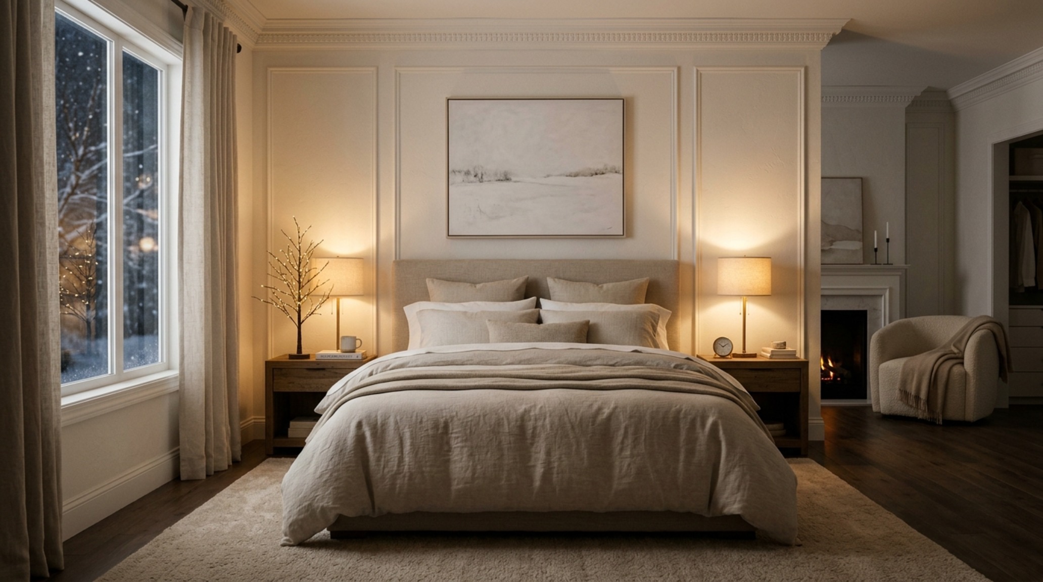 minimalist festive aesthetics in a bedroom featuring a small tabletop tree and high CRI 90+ ambient lighting for a soft winter glow