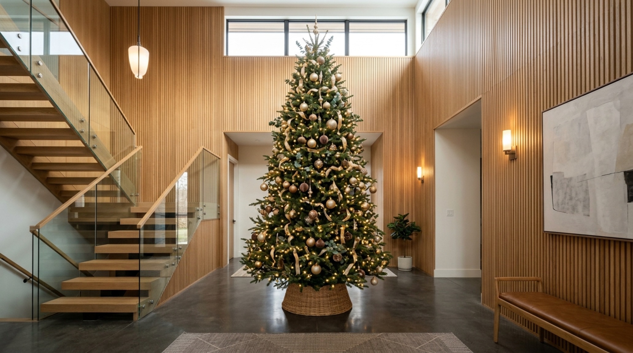 professional christmas home tours featuring a 12-foot grand fir tree in a double-height foyer with fluted white oak paneling and 2700K lighting