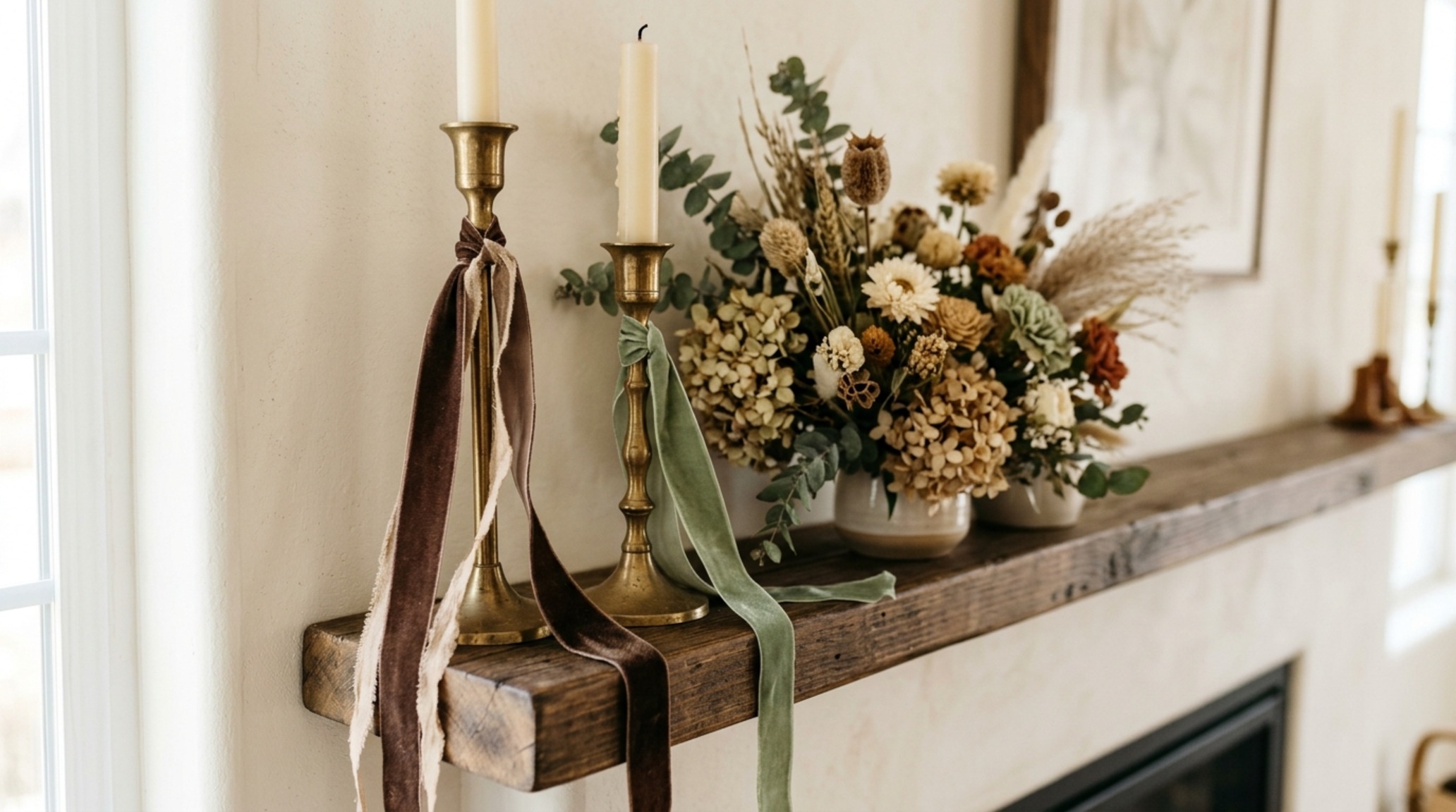 2026 christmas color trends showcasing a curated mantle with Mocha Mousse ribbons, dried hydrangea, and unlacquered brass candle holders