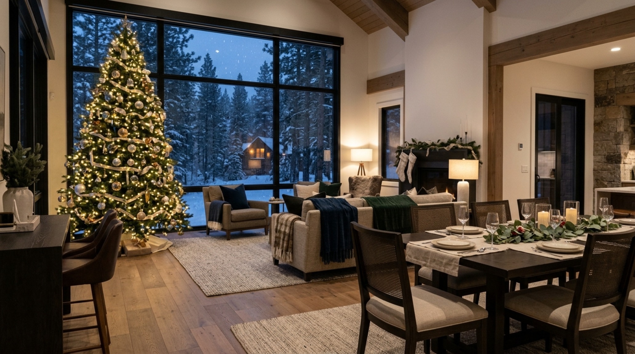 luxury holiday room layouts demonstrating 36-inch walkway clearances around a velvet-skirted christmas tree near a floor-to-ceiling window
