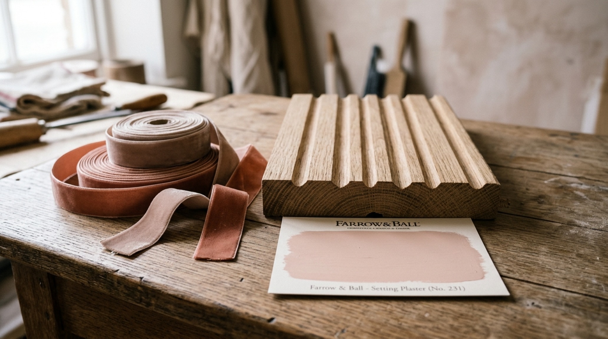 2026 christmas color trends palette with velvet swatches in sage green and taupe resting on a Benjamin Moore Swiss Coffee painted surface