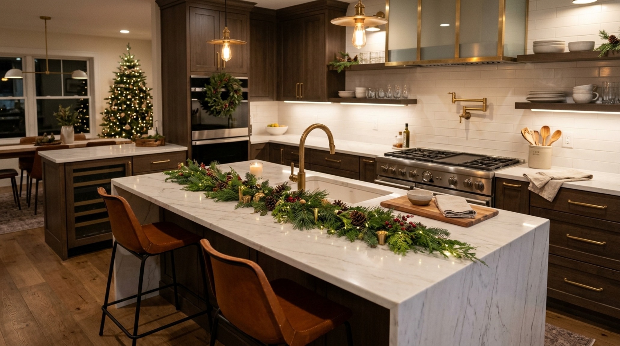 professional christmas home tours of a kitchen island with a simple evergreen runner and 30-inch bar stool clearances for holiday hosting
