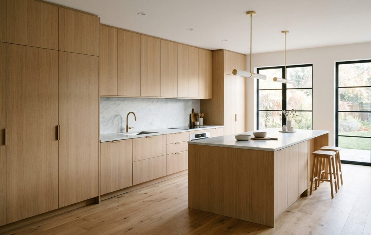 A wide-angle architectural shot of a high-end kitchen using an ikea kitchen designer strategy, featuring ceiling-height cabinetry and 36-inch walkway clearances.