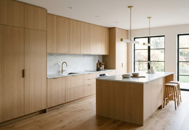 A wide-angle architectural shot of a high-end kitchen using an ikea kitchen designer strategy, featuring ceiling-height cabinetry and 36-inch walkway clearances.