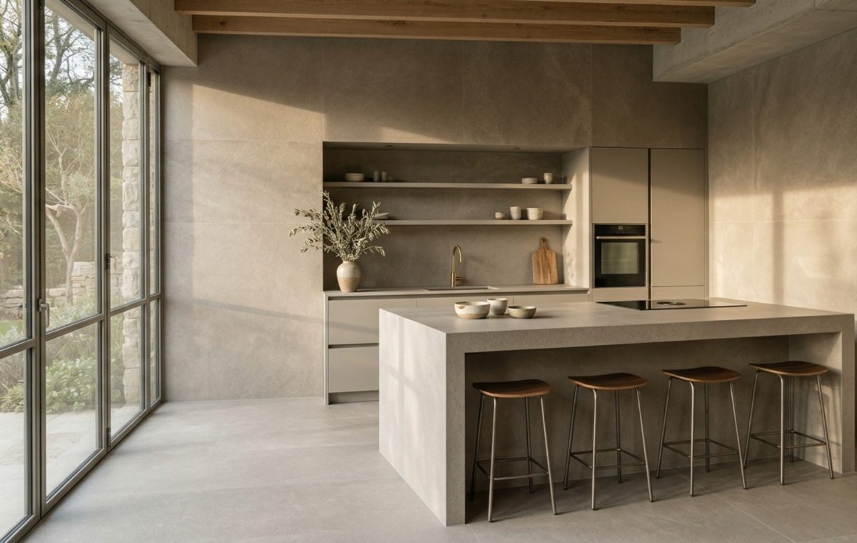 Large-format porcelain slabs in a warm greige finish covering both the kitchen floor and island, creating a monolithic architectural look with minimal grout lines.