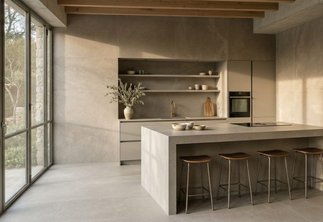 Large-format porcelain slabs in a warm greige finish covering both the kitchen floor and island, creating a monolithic architectural look with minimal grout lines.