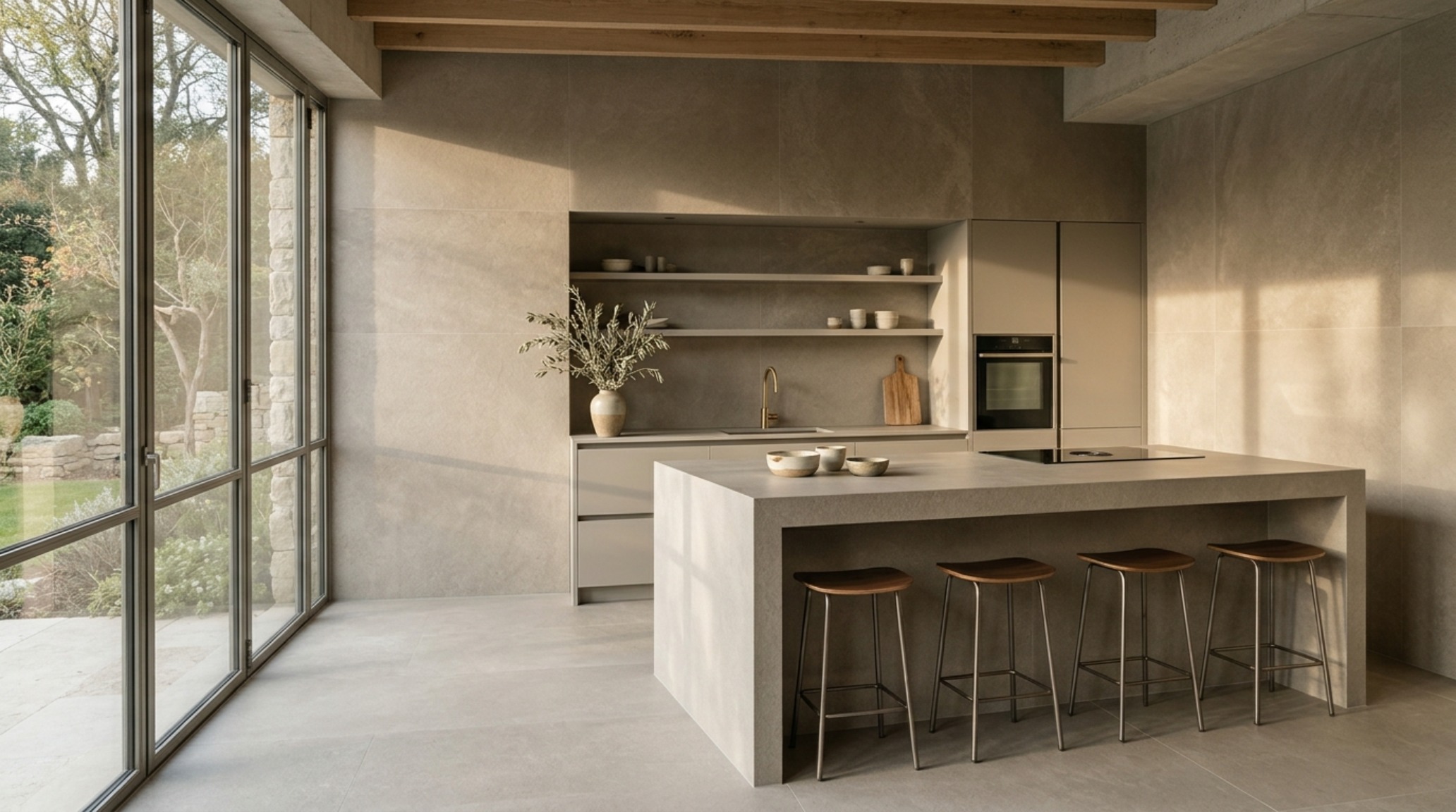 Large-format porcelain slabs in a warm greige finish covering both the kitchen floor and island, creating a monolithic architectural look with minimal grout lines. Large-format porcelain slabs in a warm greige finish covering both the kitchen floor and island, creating a monolithic architectural look with minimal grout lines.