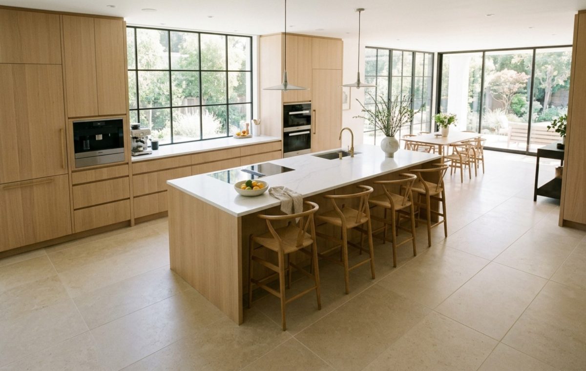 Large format kitchen floor tiles in a 48x48 honed limestone finish, creating a seamless architectural plane that extends through a minimalist kitchen with warm white oak cabinetry.