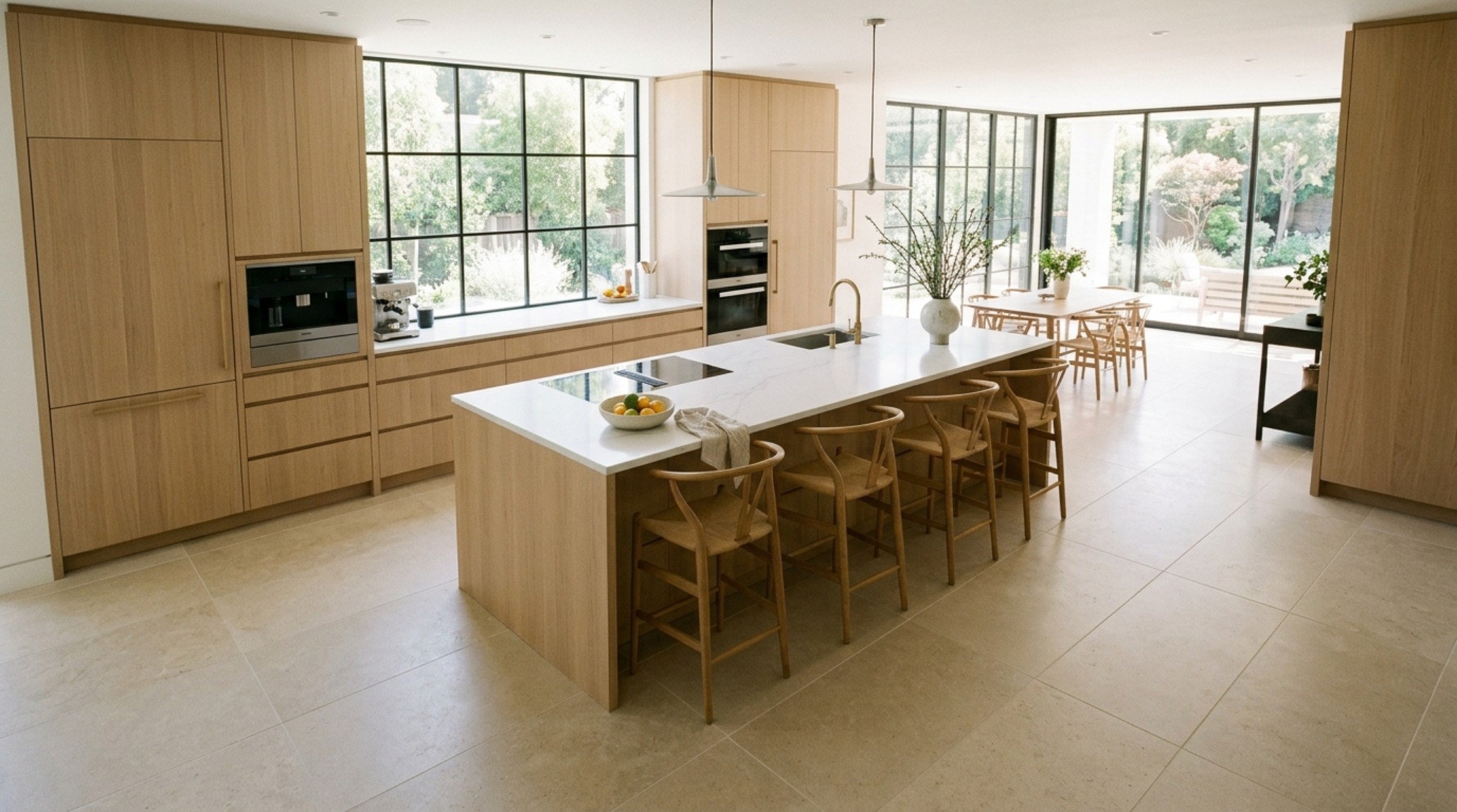 Large format kitchen floor tiles in a 48x48 honed limestone finish, creating a seamless architectural plane that extends through a minimalist kitchen with warm white oak cabinetry. Large format kitchen floor tiles in a 48x48 honed limestone finish, creating a seamless architectural plane that extends through a minimalist kitchen with warm white oak cabinetry.