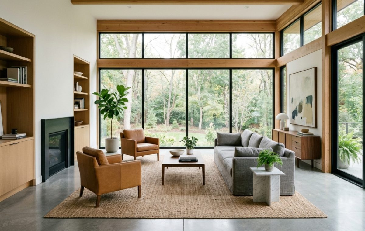 interior decoration ideas for living room featuring an open-concept layout with 36-inch walkways and floor-to-ceiling windows for maximum natural light flow