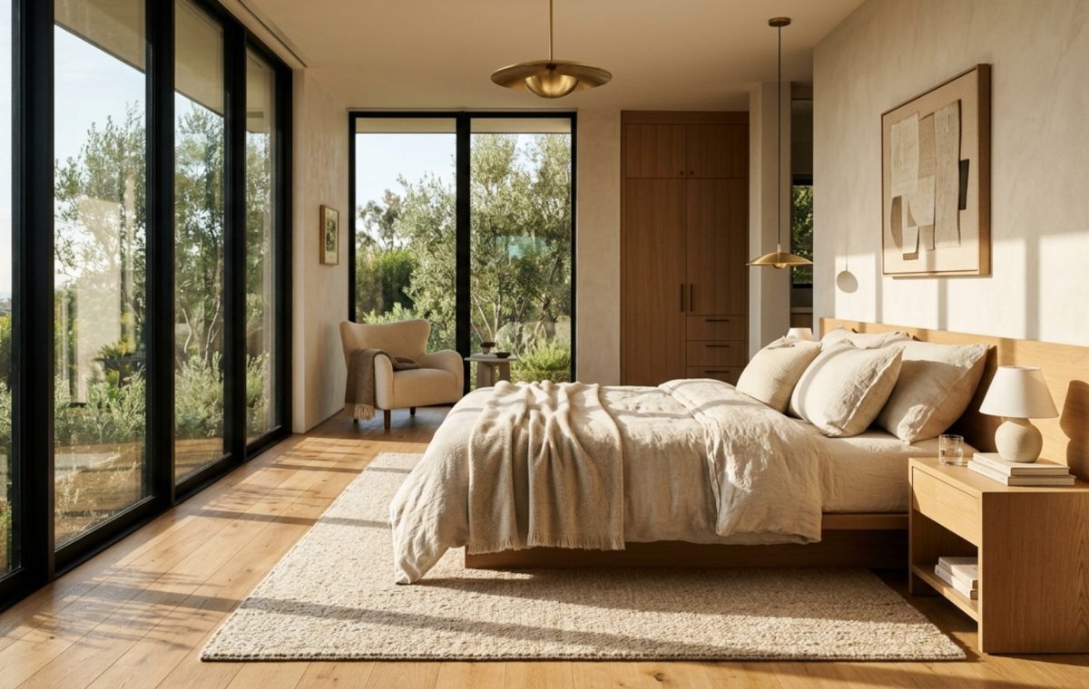 Luxury master bedroom sets featuring a low-profile upholstered frame in Belgian linen positioned to capture natural morning light across a wide-plank oak floor.