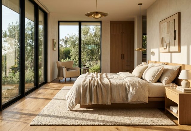 Luxury master bedroom sets featuring a low-profile upholstered frame in Belgian linen positioned to capture natural morning light across a wide-plank oak floor.