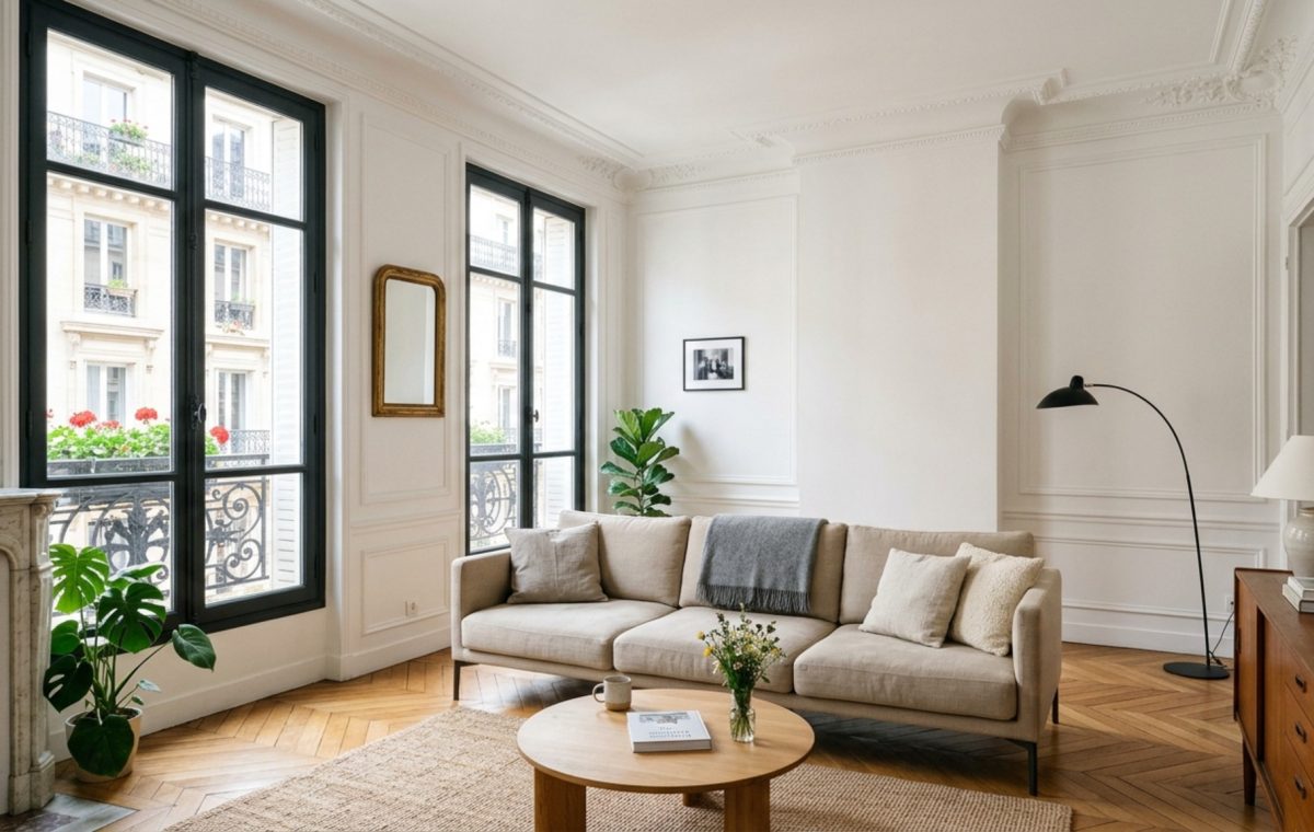 Small living room layout strategies featuring a low-profile sofa on walnut legs to maximize floor plane visibility and architectural sightlines.