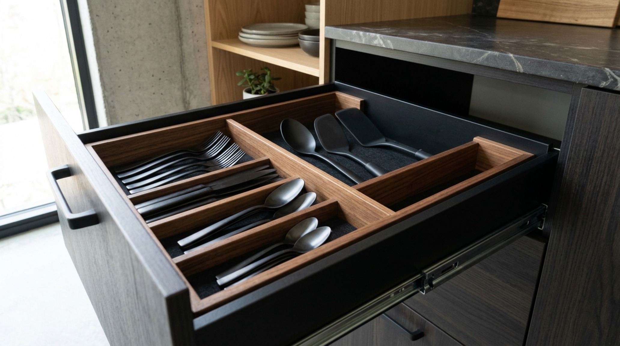 Interior view of an organized IKEA Sektion drawer with custom divider inserts and premium matte black hardware. Interior view of an organized IKEA Sektion drawer with custom divider inserts and premium matte black hardware.