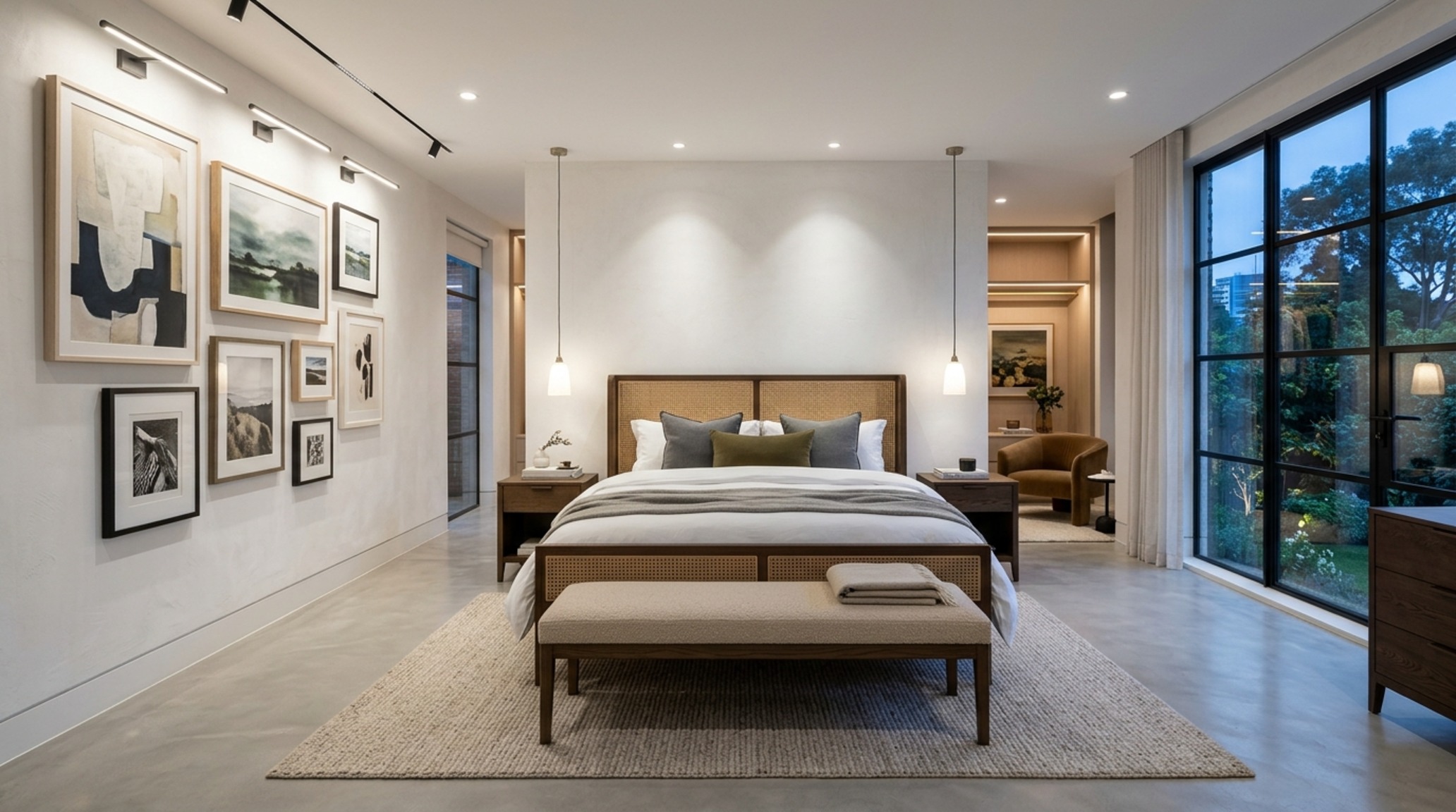 Bespoke bedroom furniture collections including a matching end-of-bed bench in bouclé fabric to define the spatial boundary between sleeping and lounging zones.