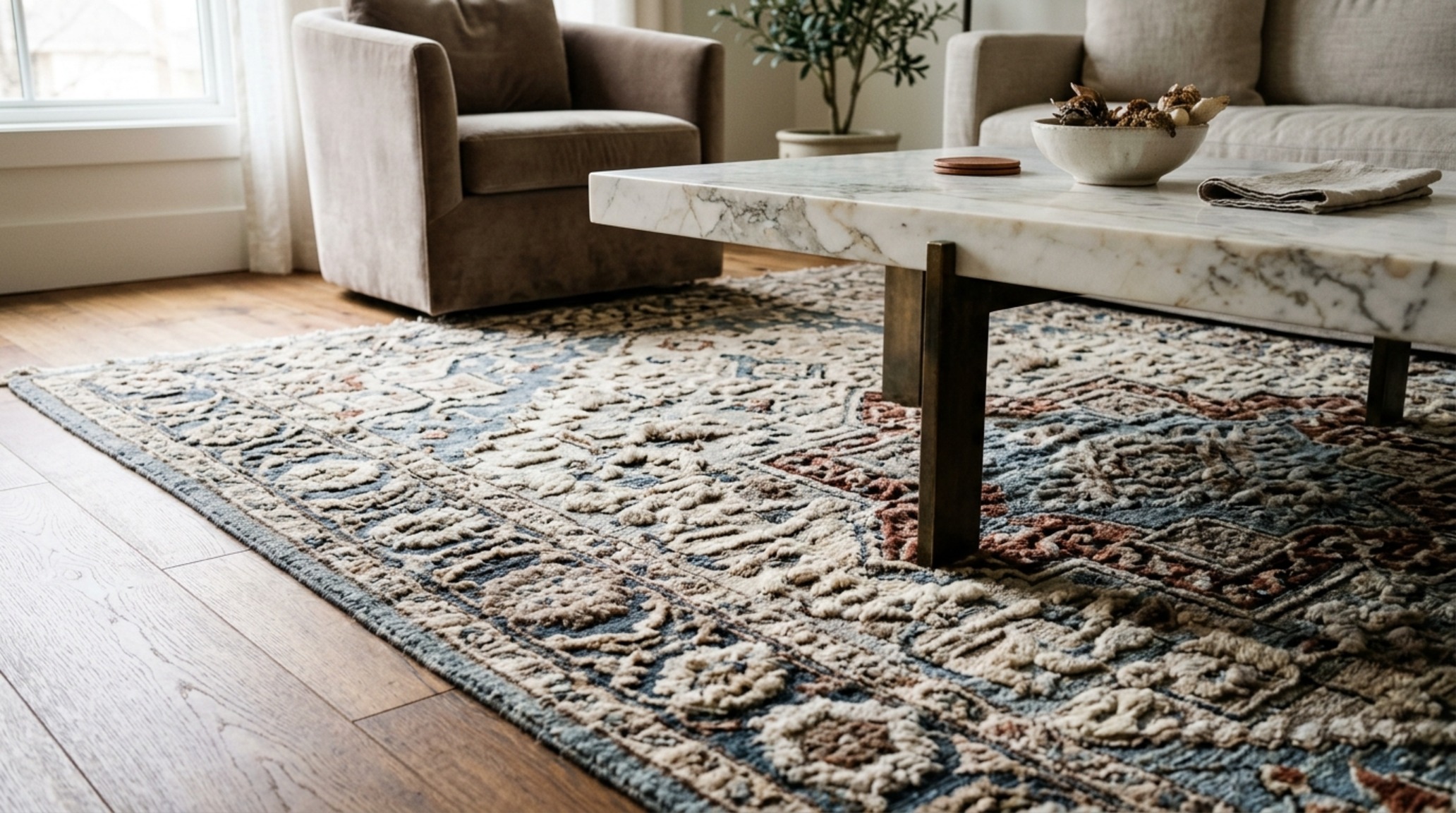 Luxury interior design accents such as a hand-knotted wool rug with high-low pile depth under a minimalist marble coffee table.