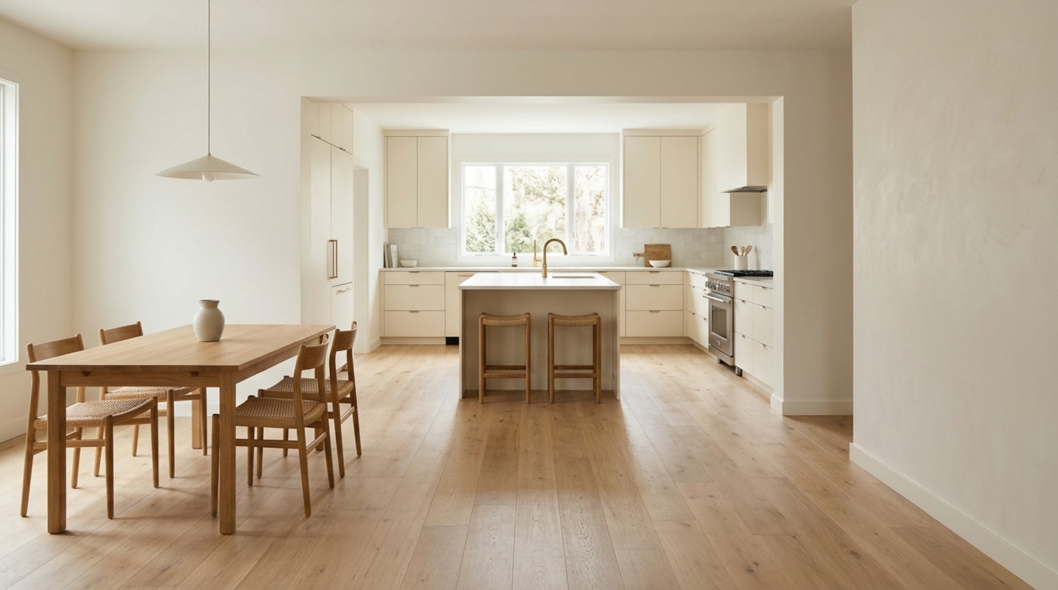 Architectural sightline from a minimalist dining area looking into an IKEA kitchen with warm Swiss Coffee paint finishes. Architectural sightline from a minimalist dining area looking into an IKEA kitchen with warm Swiss Coffee paint finishes.
