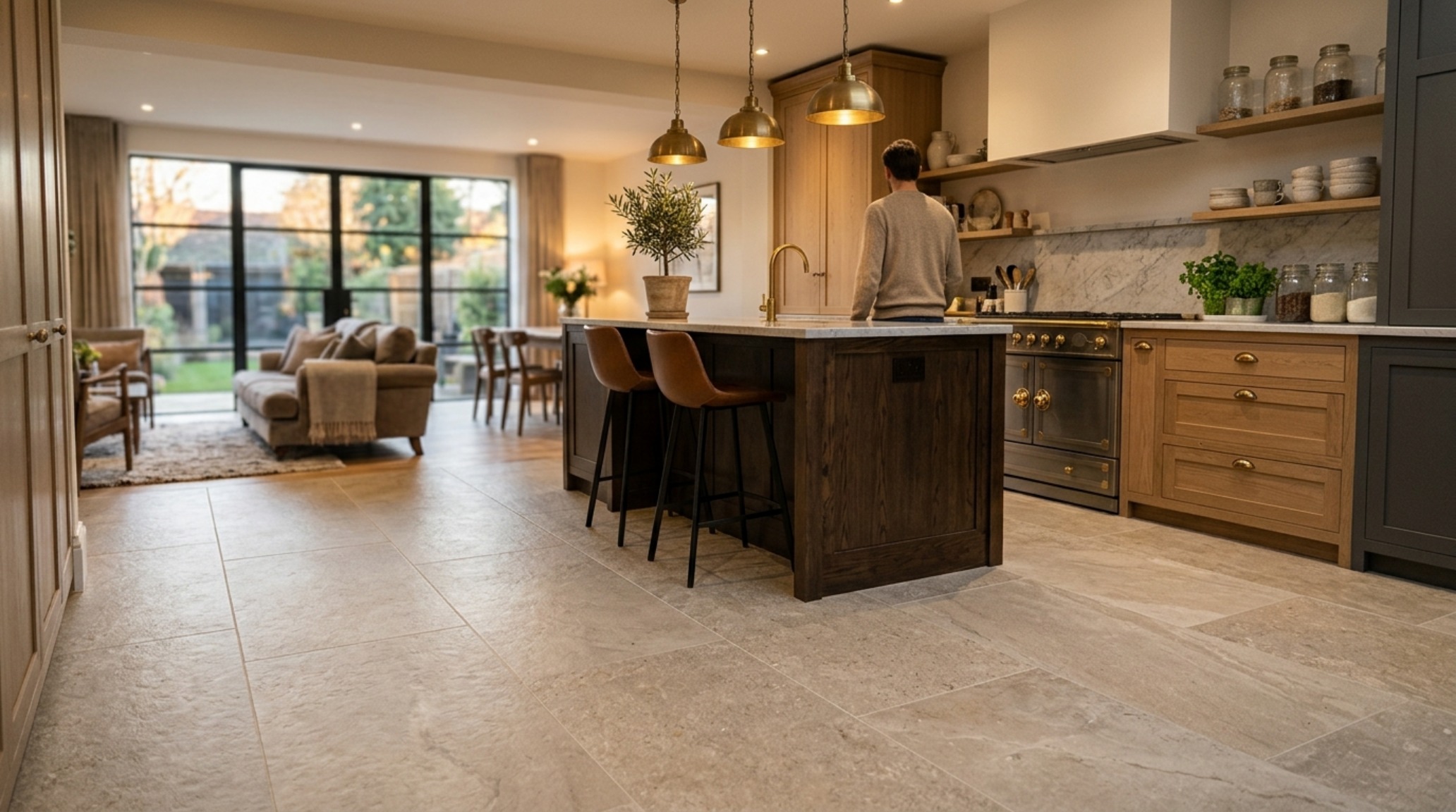 Slip-resistant kitchen flooring with a micro-textured limestone finish, paired with 2700K recessed lighting for a soft architectural glow. Slip-resistant kitchen flooring with a micro-textured limestone finish, paired with 2700K recessed lighting for a soft architectural glow.