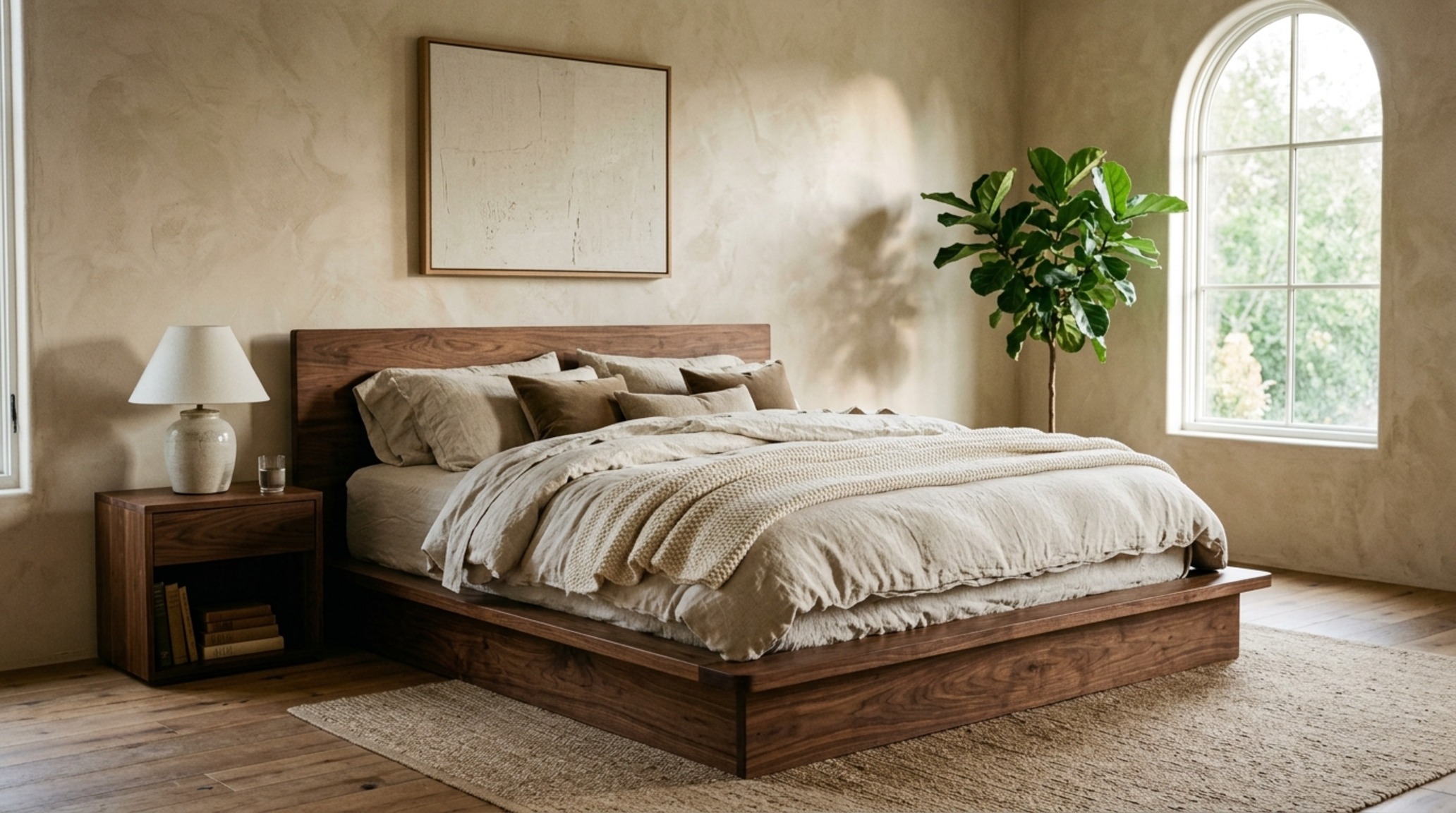 Luxury platform bed sets showcased in a room with Farrow and Ball Setting Plaster walls and natural rift-sawn oak accents for a warm, structural aesthetic.