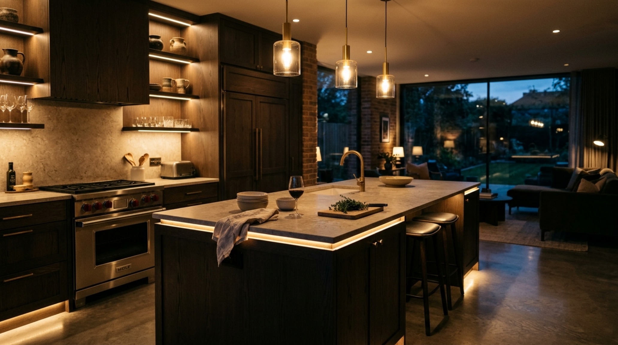 Evening kitchen view showing layered LED lighting and the soft shadows created by architectural cabinetry proportions. Evening kitchen view showing layered LED lighting and the soft shadows created by architectural cabinetry proportions.