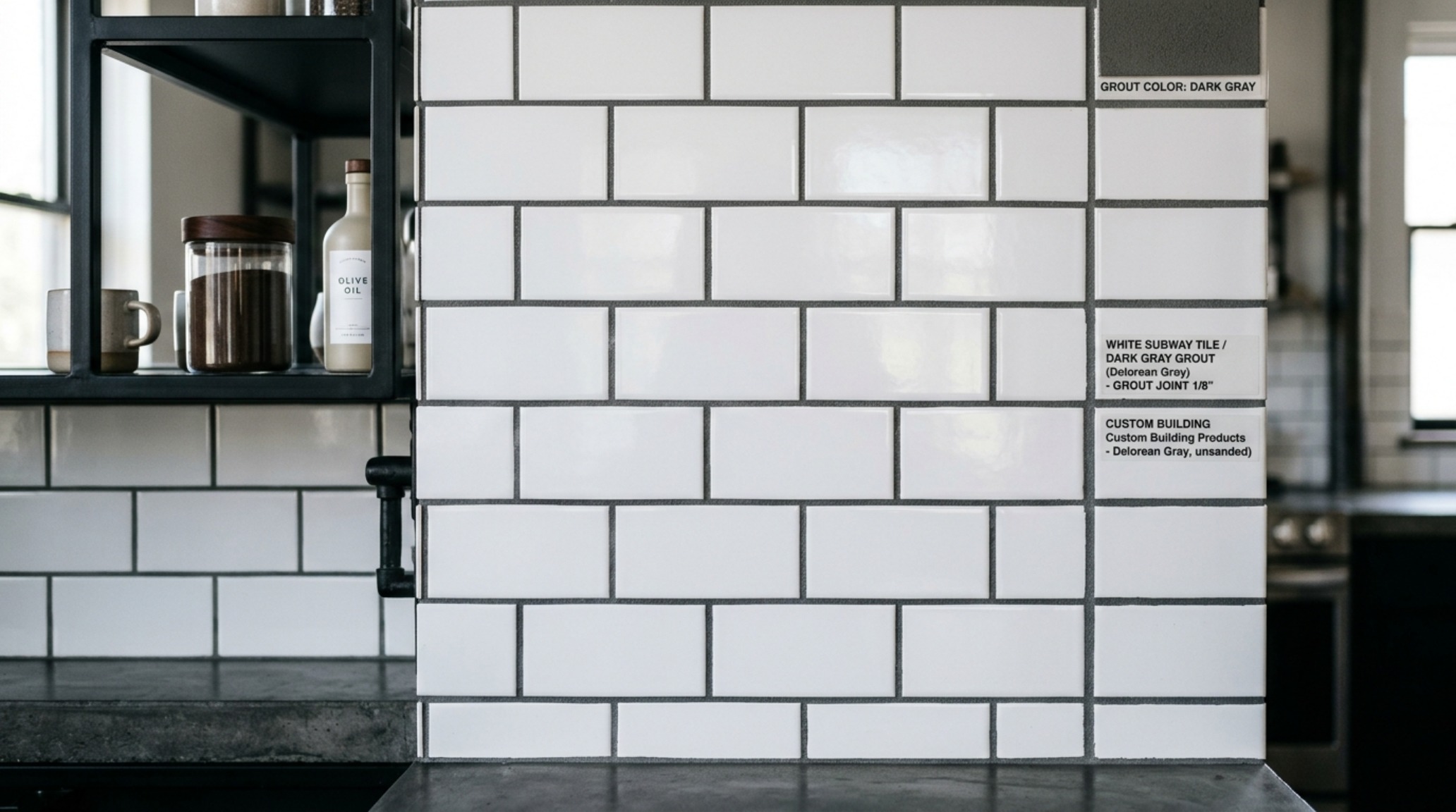 Grout color coordination guide demonstrating the use of a contrasting dark charcoal grout with white subway tiles for a classic mid-century graphic look. Grout color coordination guide demonstrating the use of a contrasting dark charcoal grout with white subway tiles for a classic mid-century graphic look.