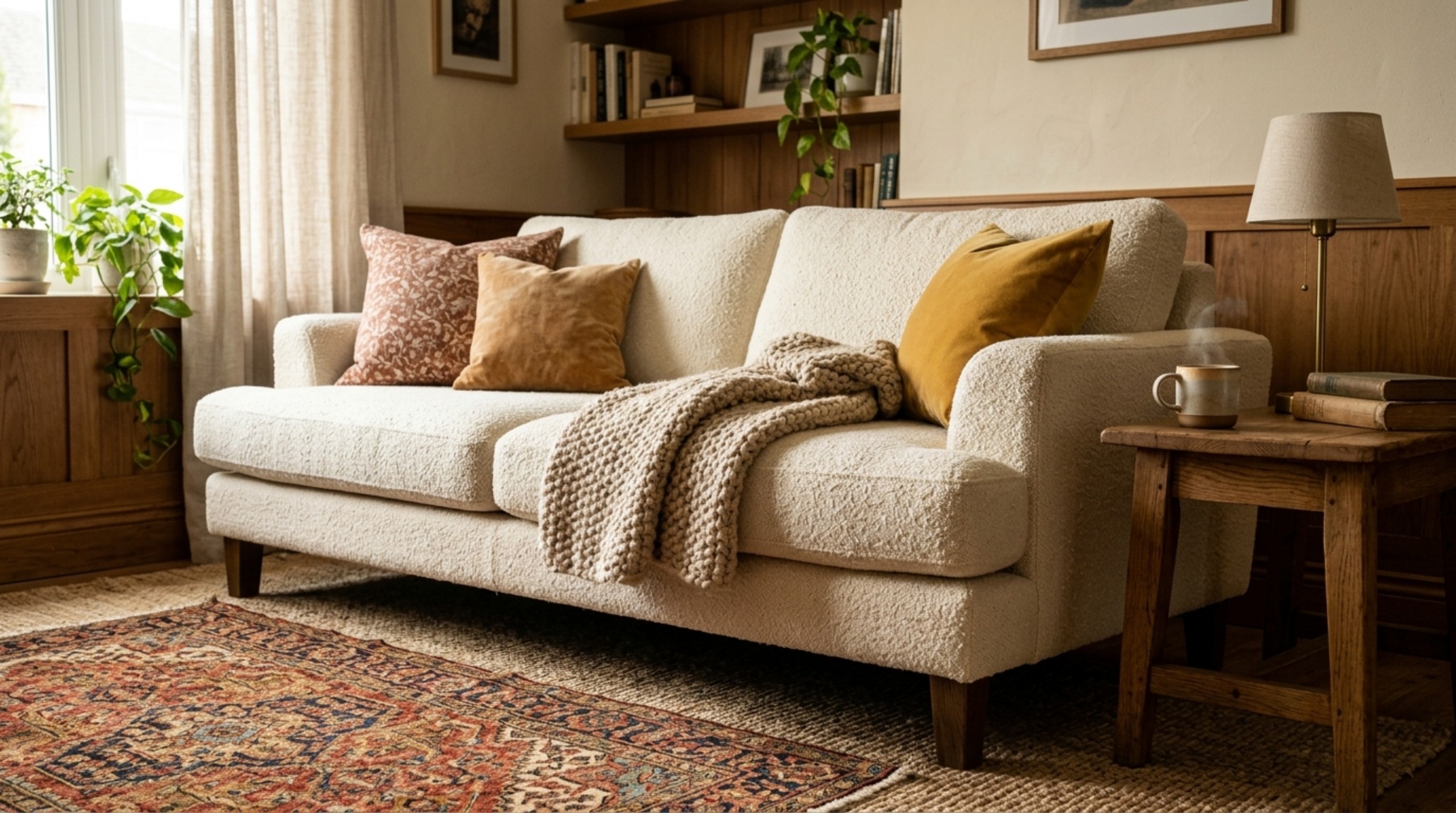 cozy living room inspiration with a deep-seated bouclé sofa and a layered sisal and wool rug composition cozy living room inspiration with a deep-seated bouclé sofa and a layered sisal and wool rug composition