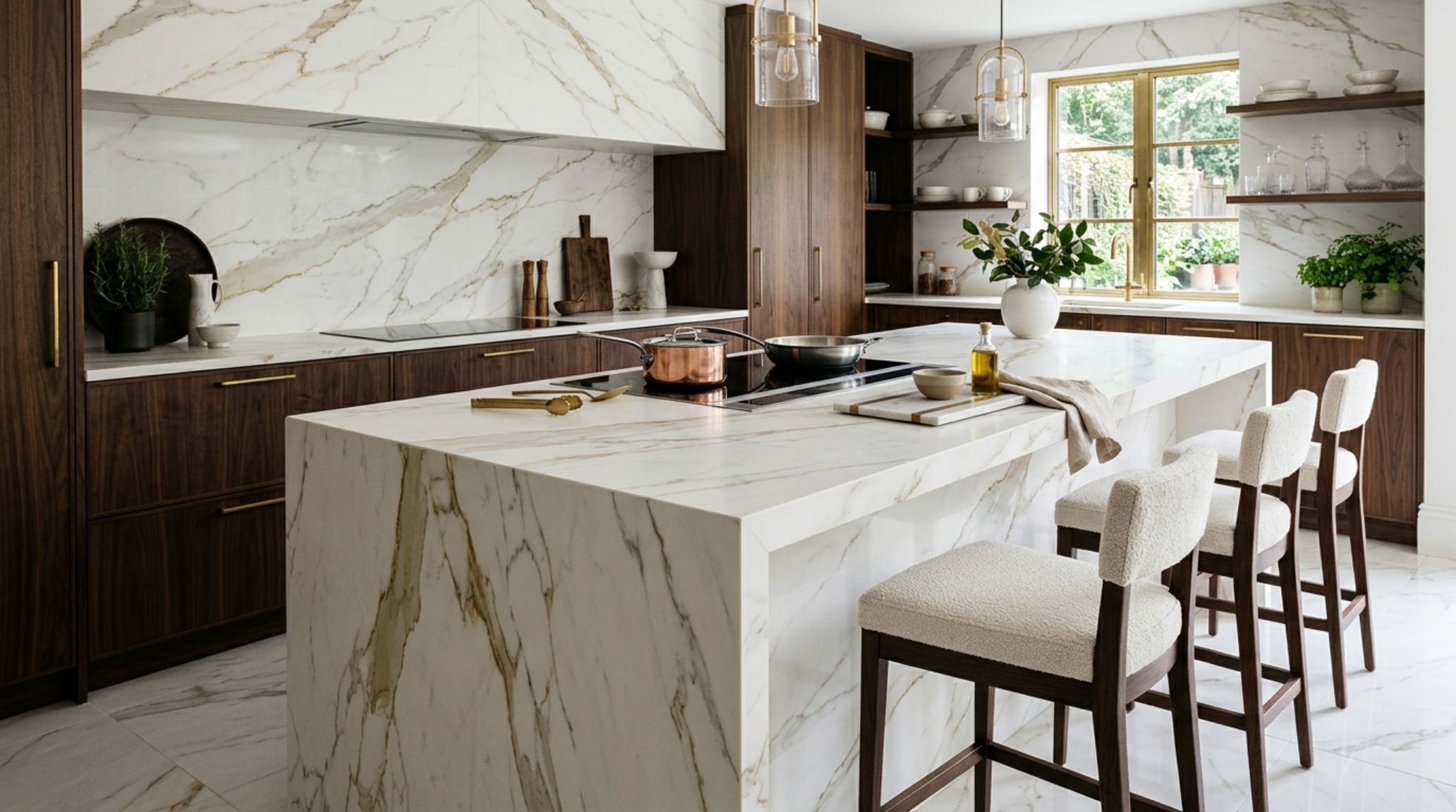 Large-format porcelain slabs in a Calacatta Gold pattern used for a waterfall island edge, showing precision mitered corners and continuous veining. Large-format porcelain slabs in a Calacatta Gold pattern used for a waterfall island edge, showing precision mitered corners and continuous veining.