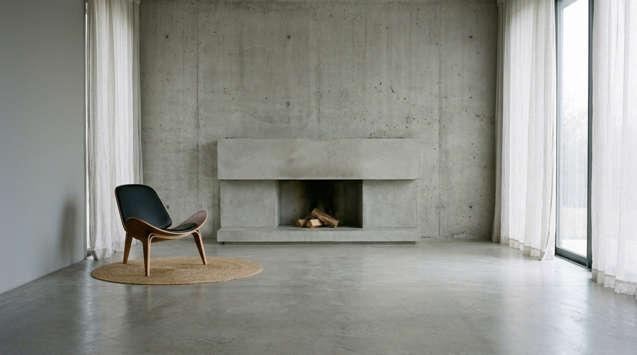 minimalist living room concepts featuring a stark concrete fireplace mantel and floor-to-ceiling sheer Belgian linen drapery minimalist living room concepts featuring a stark concrete fireplace mantel and floor-to-ceiling sheer Belgian linen drapery